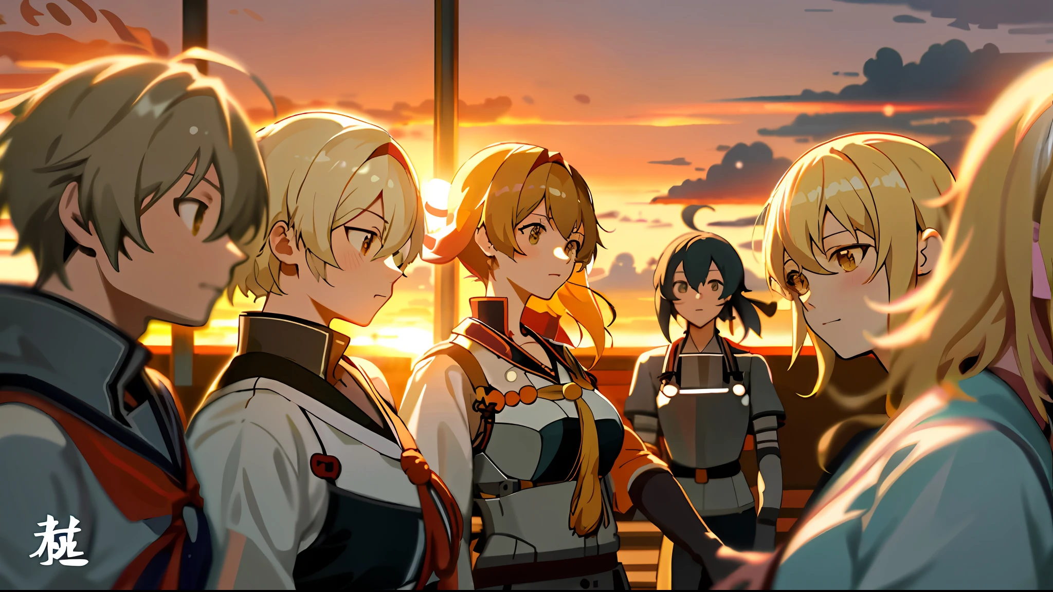 Group anime characters standing in front of sunset, Kantai Collection Style, Sengoku period art style, visual novel CG, ArtGerm and Atey Ghailan, visual novel key visual, anime moe art style, Azure Lane characters, anime style 4 K, Azure Lane style, Sengoku period, ;visual novel, Anime girl, blonde, armor