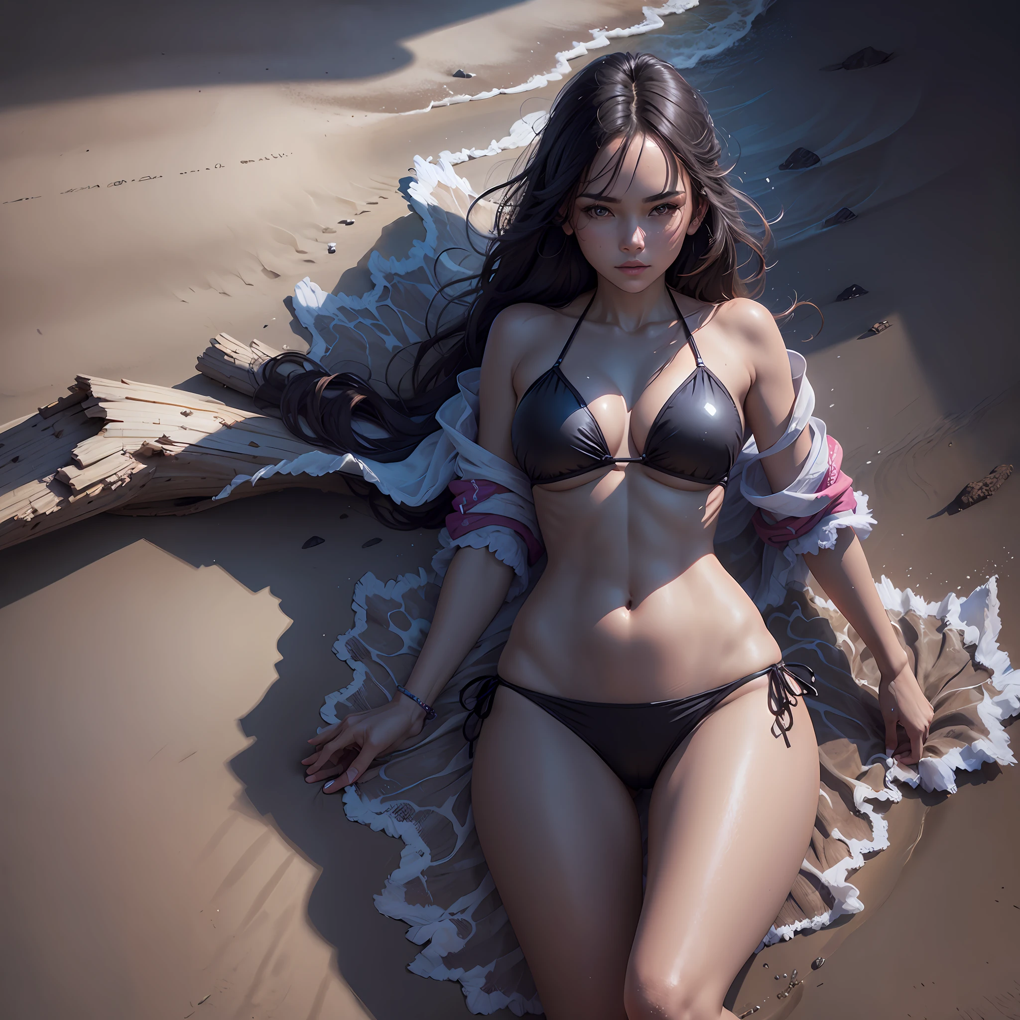 (prompt): (s1: extremely high quality, masterpiece), (s2: sunny beach, summer vibes) A beautiful woman standing on the pristine shore, wearing a bright-colored bikini, with her arms crossed over her chest, and a gentle breeze blowing through her hair. The water glimmers with crystal clear clarity, and her shadow is perfectly outlined on the glistening sand.