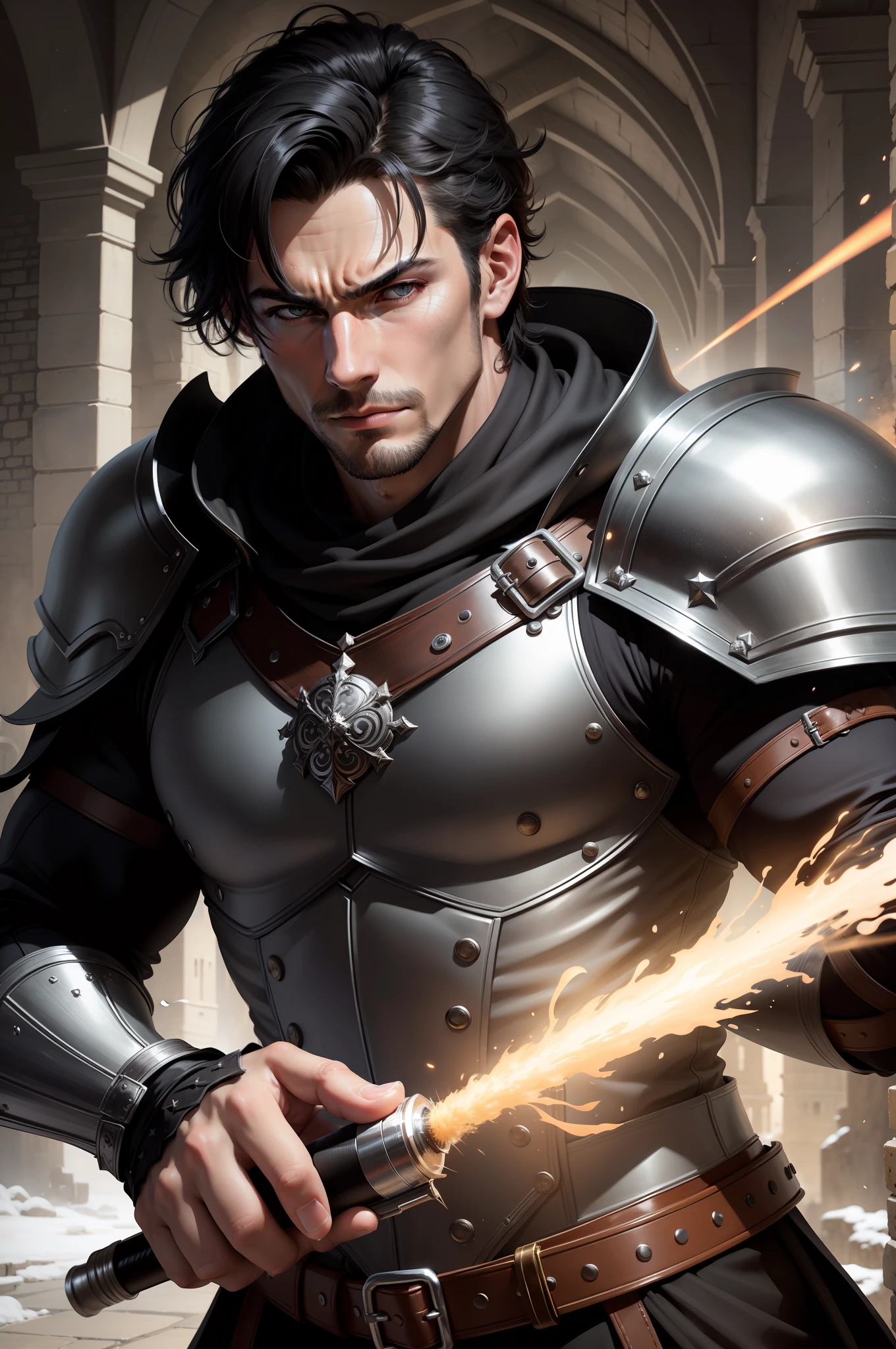 (absurd, highres, ultra detailed), 1 male, adult, handsome, high muscular face, broad shoulders, finely detailed eyes, short black hair, brown eyes, black robe, silver armor, leather vest, castle, medieval atmofer, natural light and shadow, There are bright particles flying around the man, fantastic, mysterious, bright glow, combat pose, serious expression, cold, closed mouth