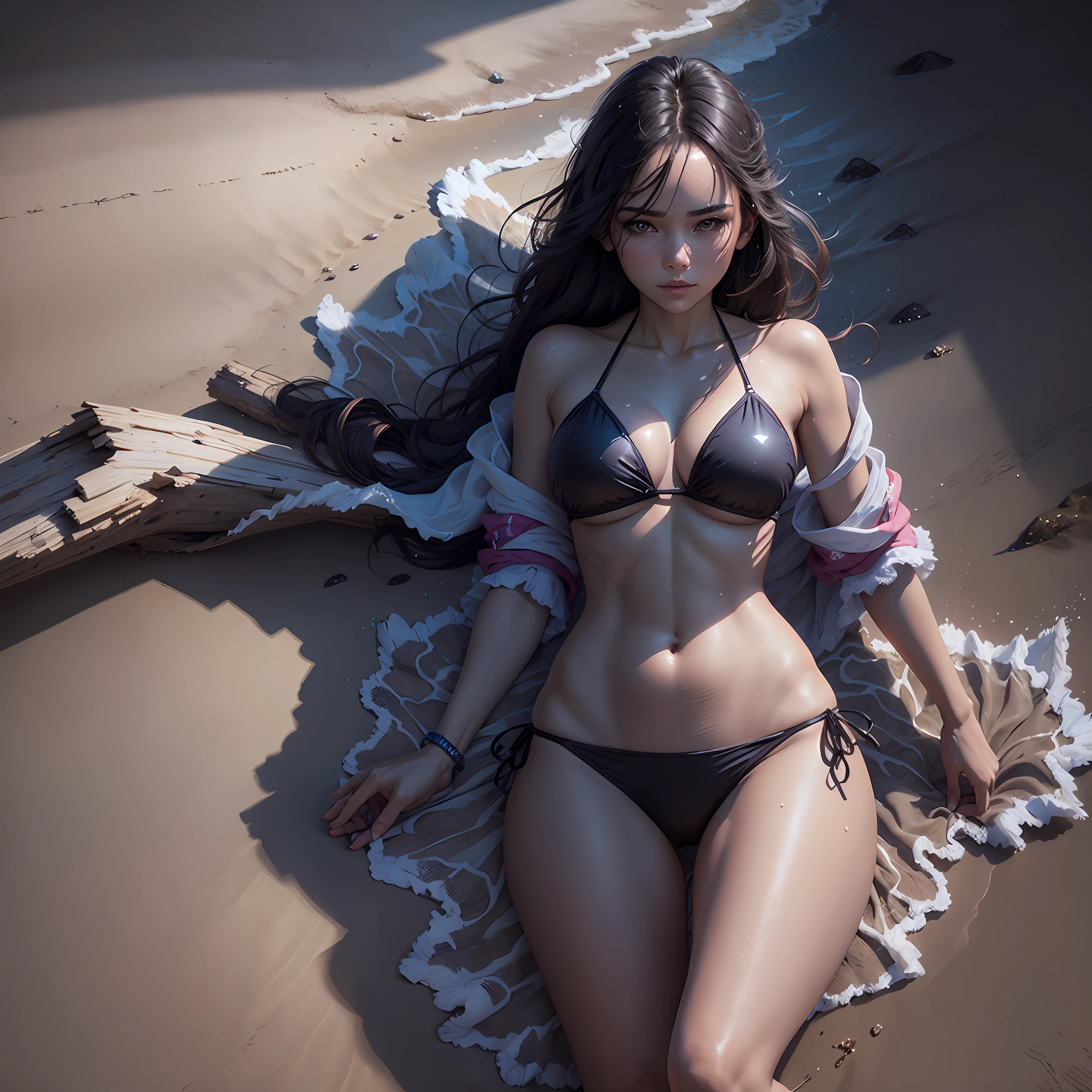(prompt): (s1: extremely high quality, masterpiece), (s2: sunny beach, summer vibes) A beautiful woman standing on the pristine shore, wearing a bright-colored bikini, with her arms crossed over her chest, and a gentle breeze blowing through her hair. The water glimmers with crystal clear clarity, and her shadow is perfectly outlined on the glistening sand.