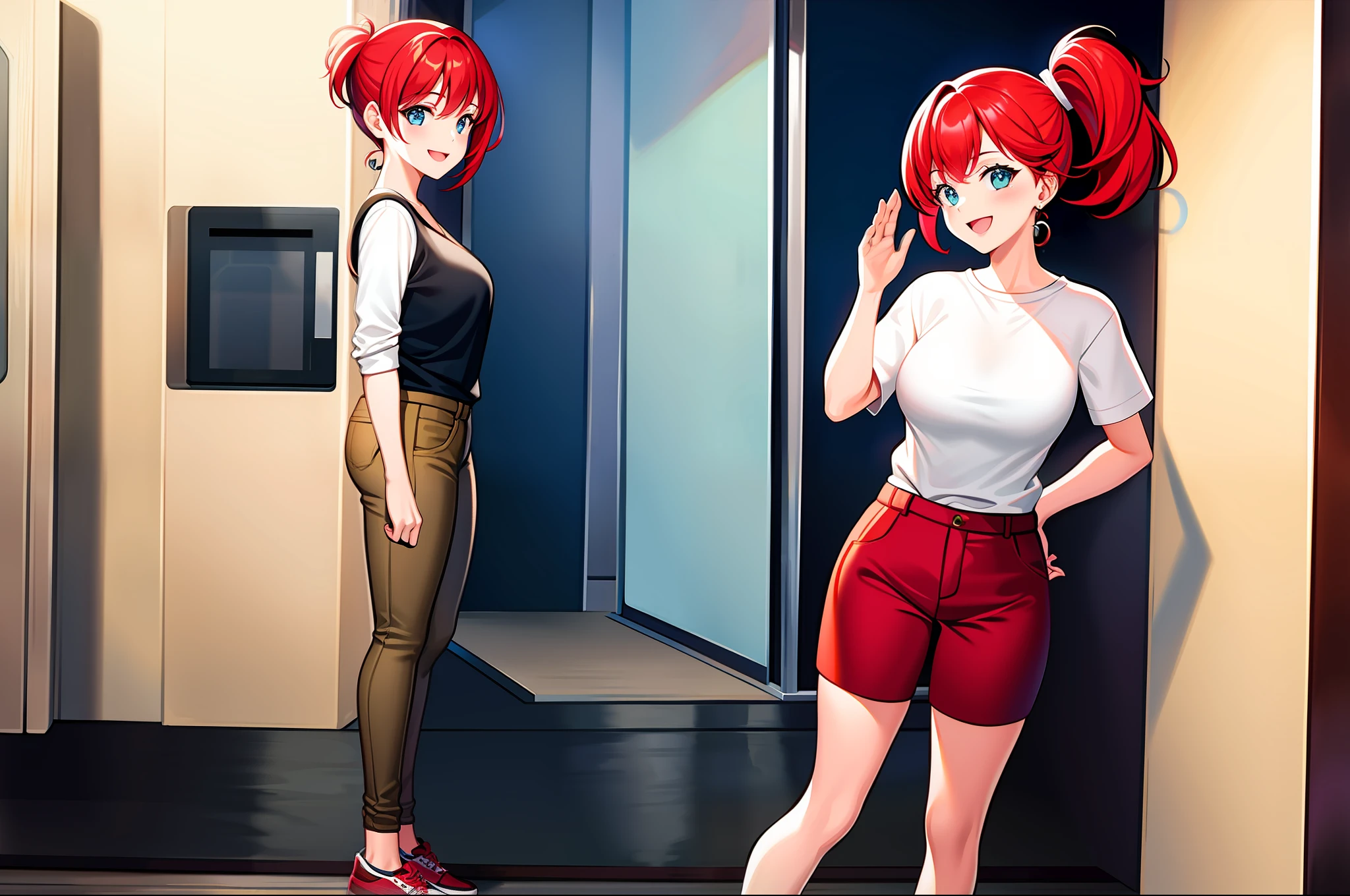 Girl with red hair ponytail tall medium sized breasts casual outfit full body poseing Goofy face