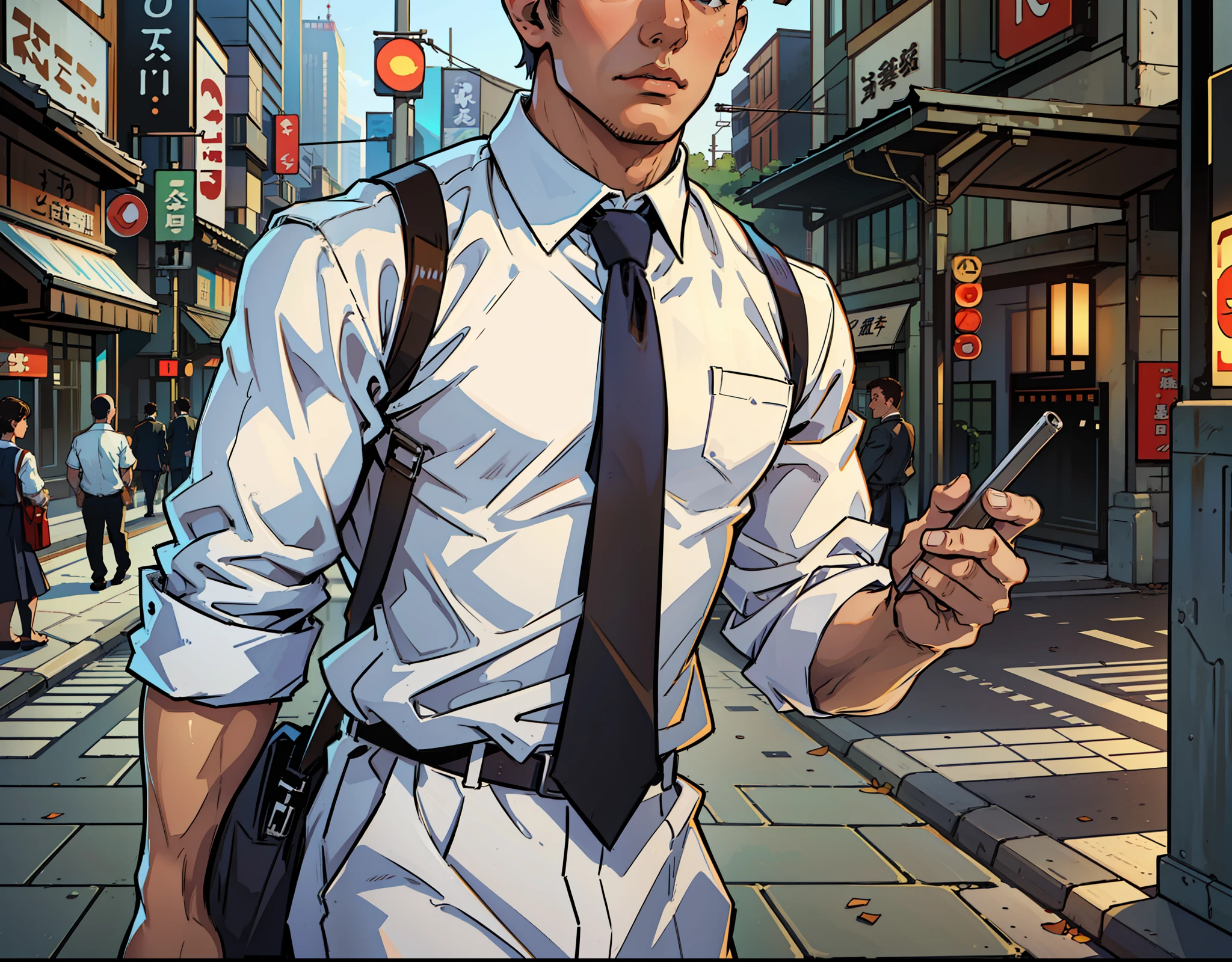 Best quality, masterpiece, ultra high resolution, detailed background, realistic, comics comics style, solo, male, Young man, almost bald, short brown hair, short facial hair, \(theme\), White dress shirt, tie, executive outfit, tie, contemporary, Japanese school uniform, School, background of a busy street, depth of field --auto --s2