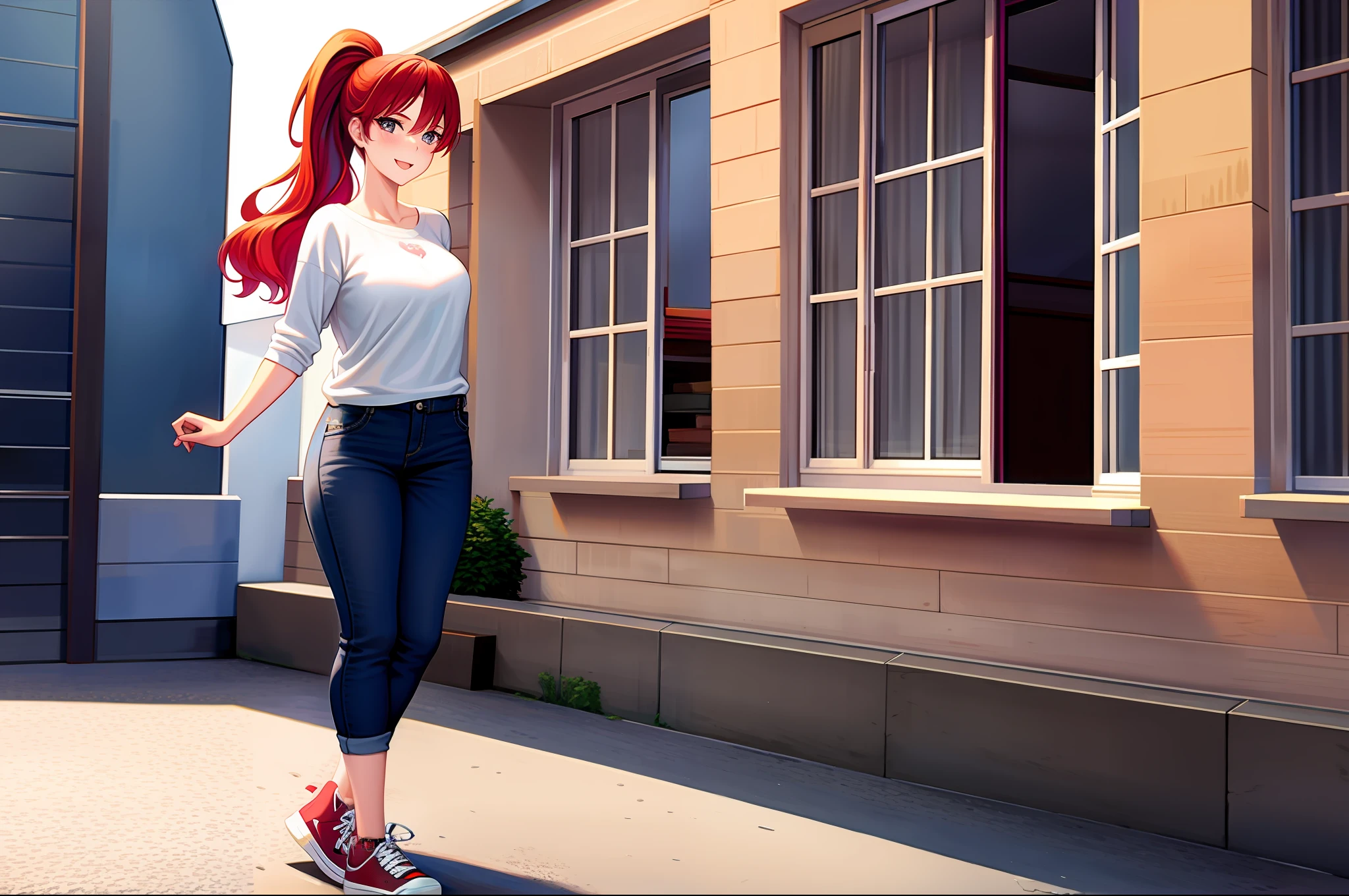 Girl with red hair ponytail tall medium sized breasts casual outfit full body poseing Goofy face
