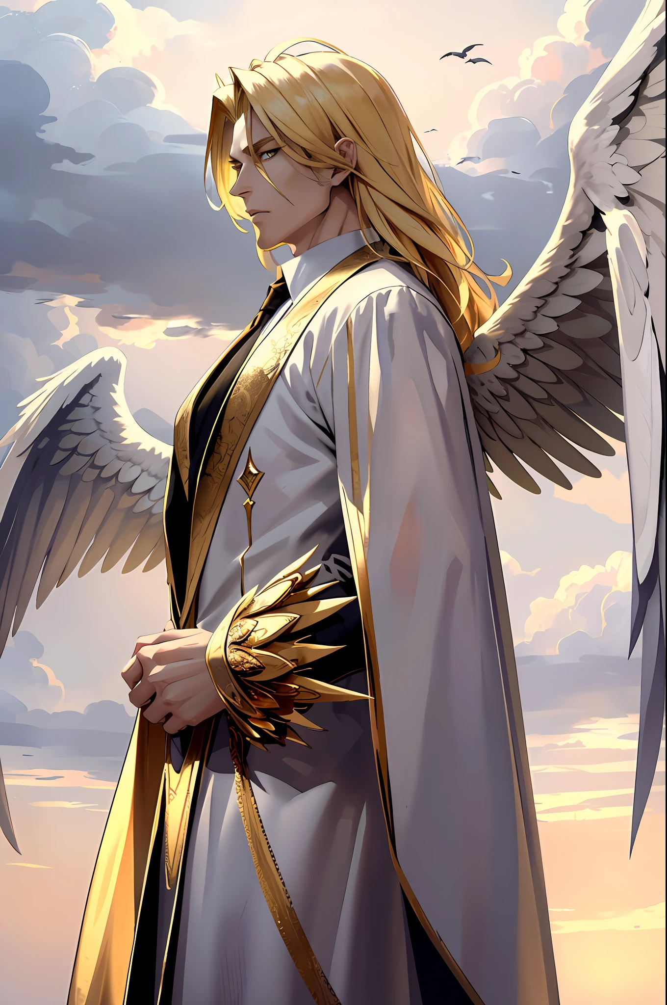 ((masterpiece, best quality)), 1guy, fallen angel Lucifer, very handsome, blonde and medium hair, thin, huge and beautiful wings on the back, in white clothes, evil expression, looking at the viewer, golden clouds in the background