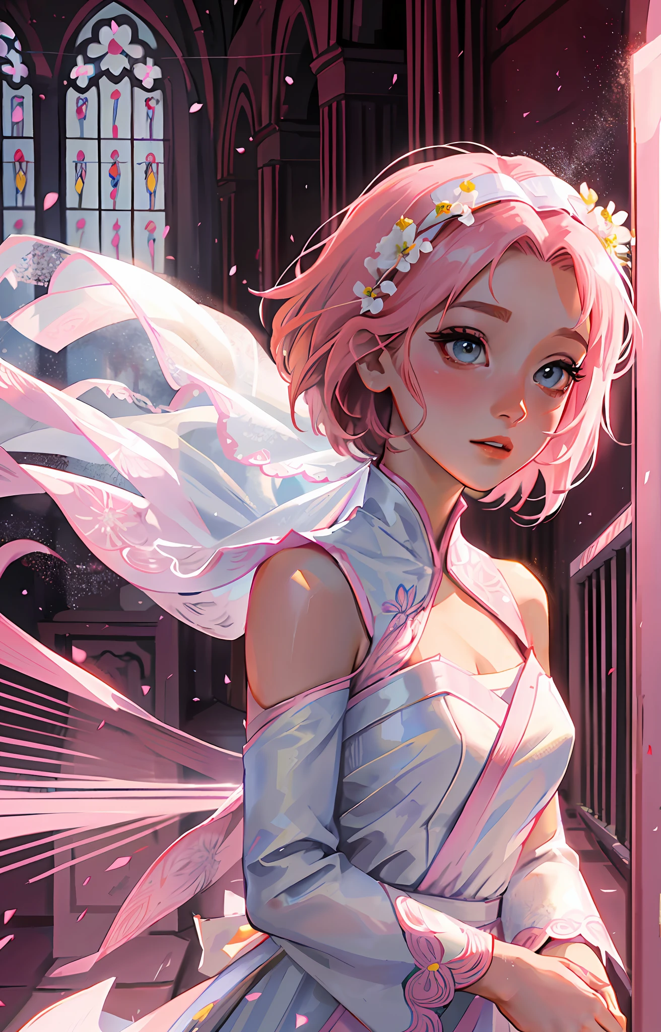 Sakura haruno, ((solo)), alone, bride, wearing a white wedding dress, queen, happy, ((forehead to show)), standing, entering the church, pink hair, short hair, delicate, young, short hair, detailed face, high definition, ((full body)), (flowers around her), full body, she is a beautiful woman getting married, face with high quality, beautiful, radiant