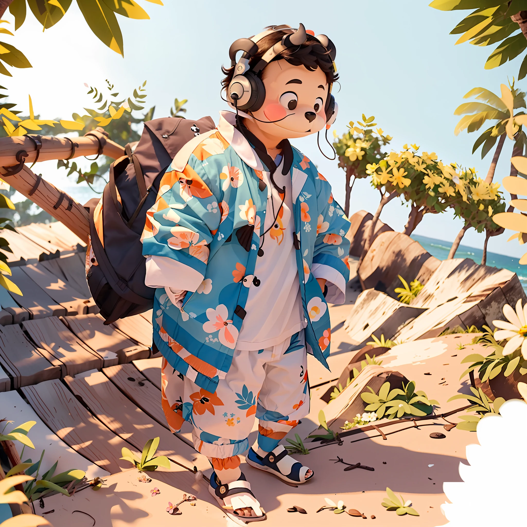 A cute well-detailed panda, wearing a comfortable flowered shirt and headphones, walking along the beach of the paradisiacal tropical island, enjoying a stunning sunset as he strolls along the wooden boardwalk next to the gentle waves. Flakes of fluffy white clouds float lazily across the clear sky above the coastal landscape as a flock of seagulls murmurs in unison in the background.