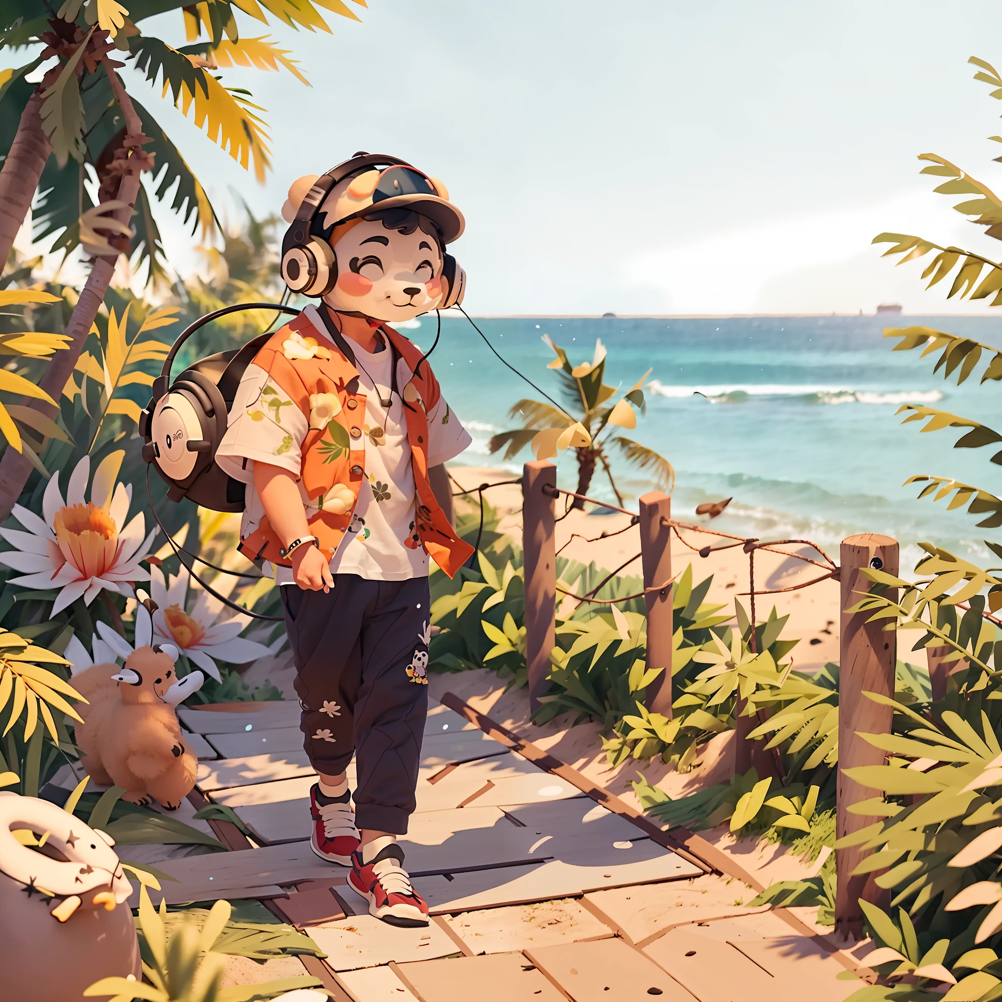 A cute well-detailed panda, wearing a comfortable flowered shirt and headphones, walking along the beach of the paradisiacal tropical island, enjoying a stunning sunset as he strolls along the wooden boardwalk next to the gentle waves. Flakes of fluffy white clouds float lazily across the clear sky above the coastal landscape as a flock of seagulls murmurs in unison in the background.