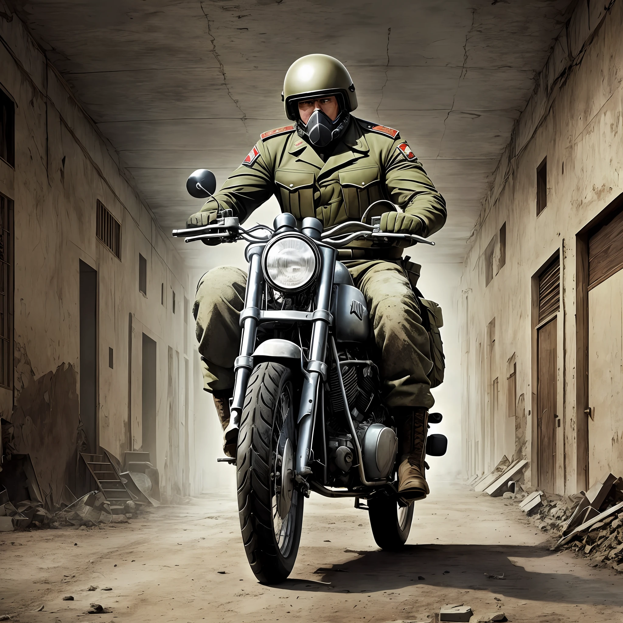 Russian, muscular military, riding a motorcycle, in an Old Military base, post apocalyptic,Realistic, Full HD, best quality