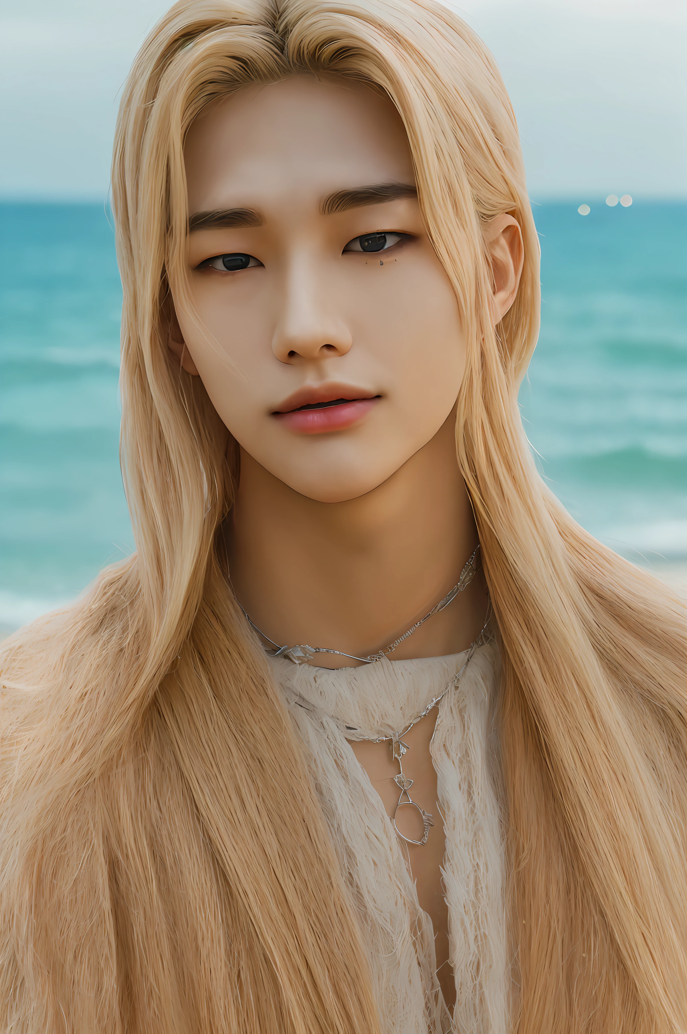 Hyunstayv2, frontal, shimmering, split lips, (long blonde hair:1.2), (ultra realistic:1.2), (shoulders and chest: 1.2), (close-up photo:1.1), (intricate:1.2), (beach background:1.2), (looking at the viewer:1.2), time:night.