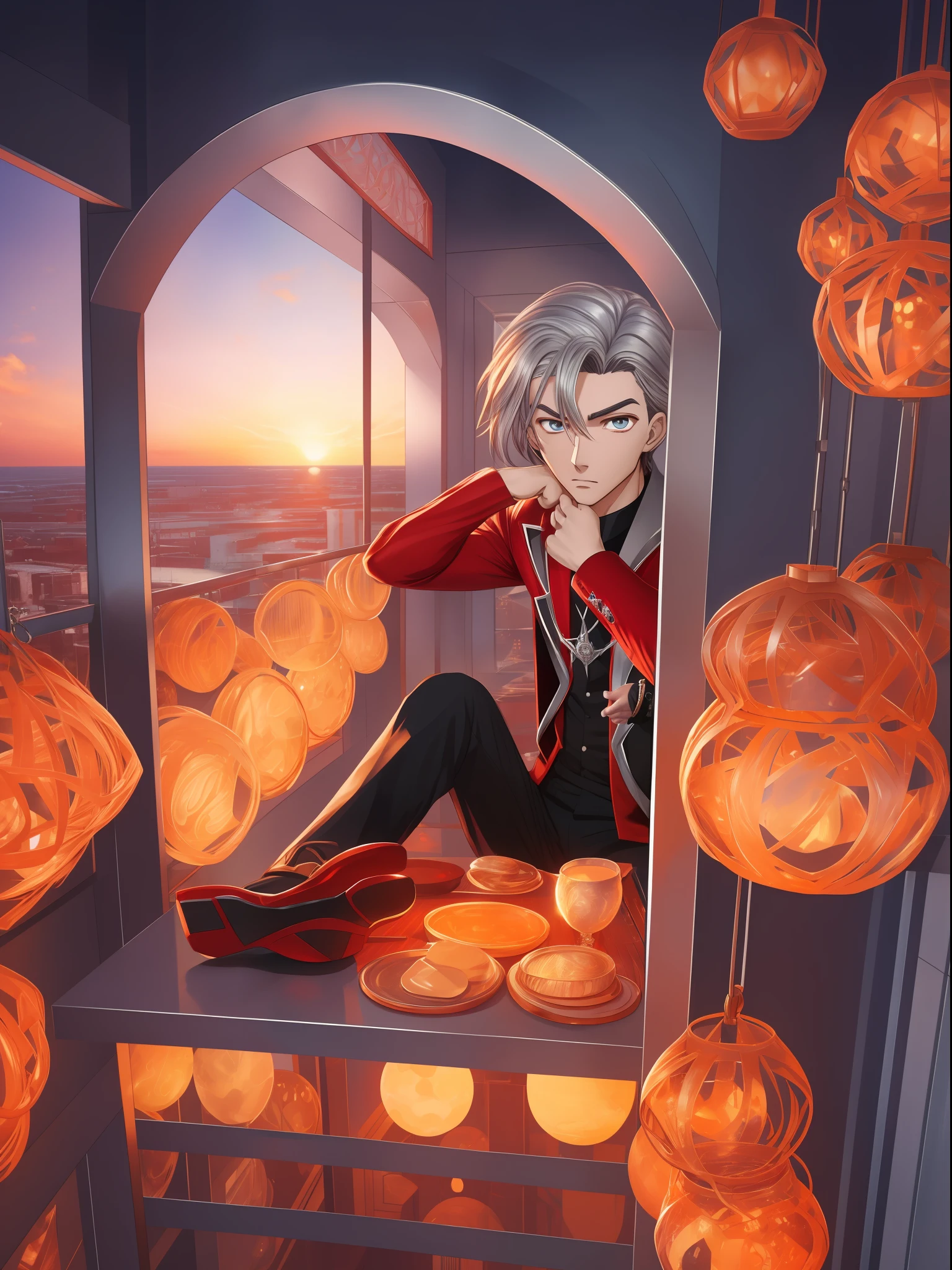 (((full body of male supspr))), (((silver bracelets))), (((sharp fingers))), a spider - man in a red and black suit looking at the sunset, 8k, unreal engine, octane render, by seunghee lee, Jang Tae-Hwan, Chocofing R, seungho lee, trending on pixiv, fanbox, skeb, masterpiece, smooth soft skin, big dreamy eyes, beautiful intricate colored hair, symmetrical, anime wide eyes, soft lighting, concept art, digital painting,