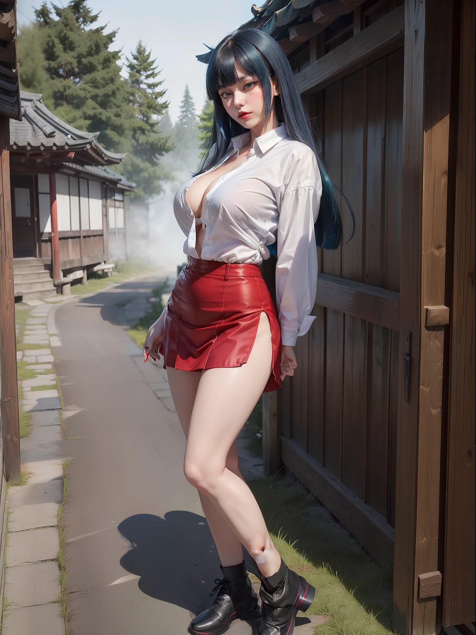 (Fatal Frame Crimson butterfly), (full-body photo:2), One/Woman, (exaggeratedly large breasts:1.5), (wearing high school outfit with white fabric shirt+short black fabric skirt:1.6) (no panties and bra:1.5), (extremely tight clothing:1.8) (invisible outfit:1.2), (she's in an old Japanese village at night with fog, she stands outside the entrance of a house doing sexy poses for the viewer:1.5), smiling, wearing red lipstick on her mouth, (she has hair+dyed+blue+short+lizo+bangs in front of her eyes:1.3), (green eyes:1.3), Anime style, Ultra quality, Ultra detailed, 16k, Masterpiece, Extremely detailed eyes, better sharpness, luminosity