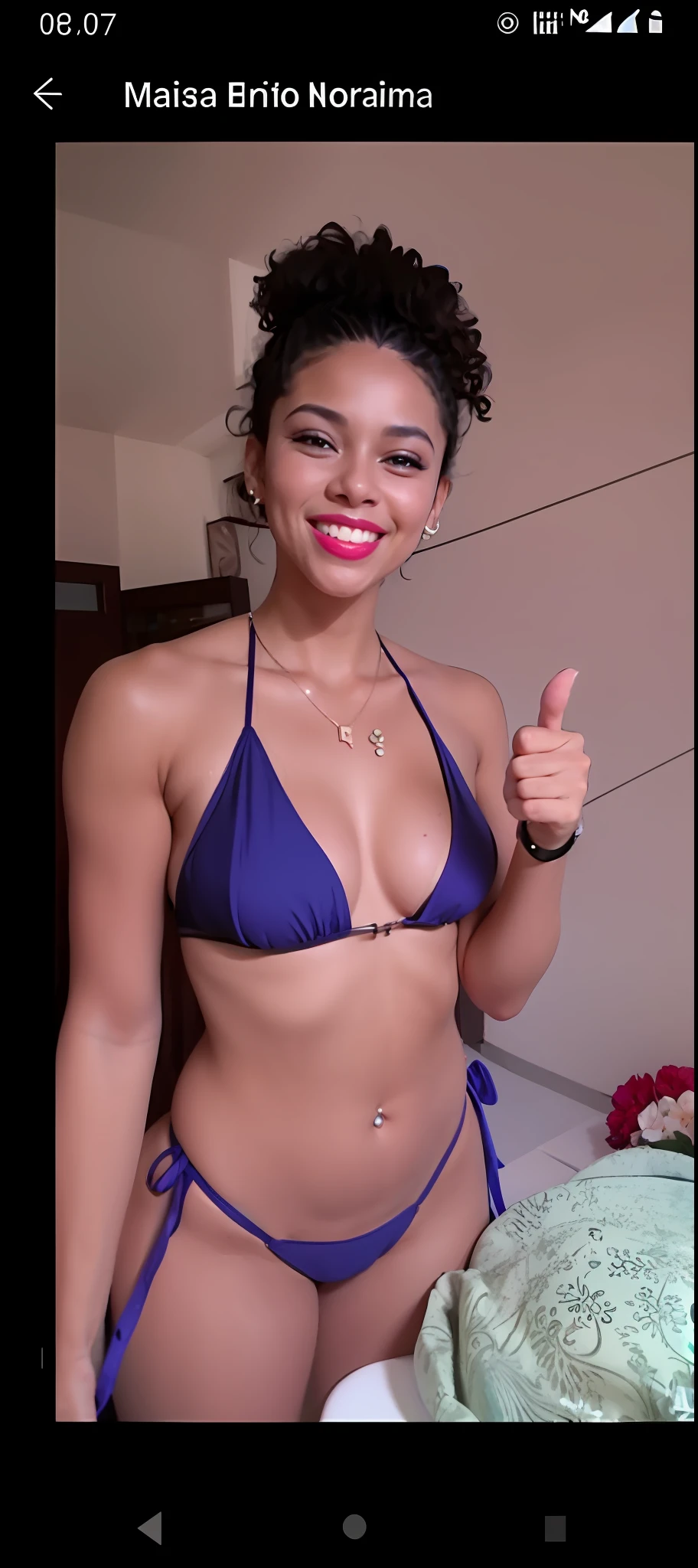 Mulatto woman in tiny blue bikini. Details in the sexy look, showing the thumbs up, (( woman)) from Cuba, is wearing swimsuit, blue bikini, looks like Fabiula Nascimento, wearing bikini, bikini model, full body photographed in bikini, in bikini, Fernanda Suarez, 15 years olyears old woman, goon, curly hair, beautiful smile with perfect white teeth lips with red lipstick