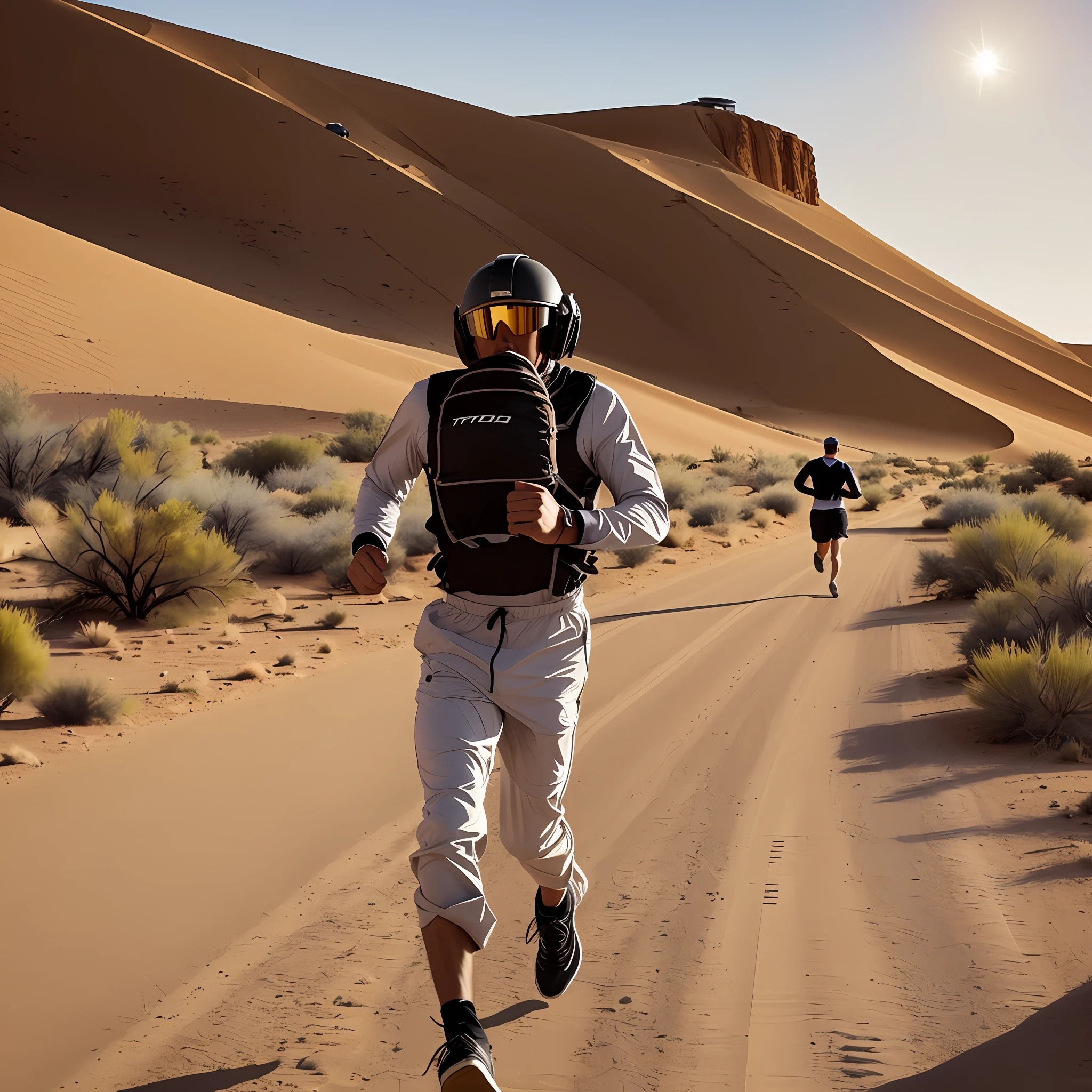A man running in a desert while a UFO chases this man, man running desperately --auto --s2