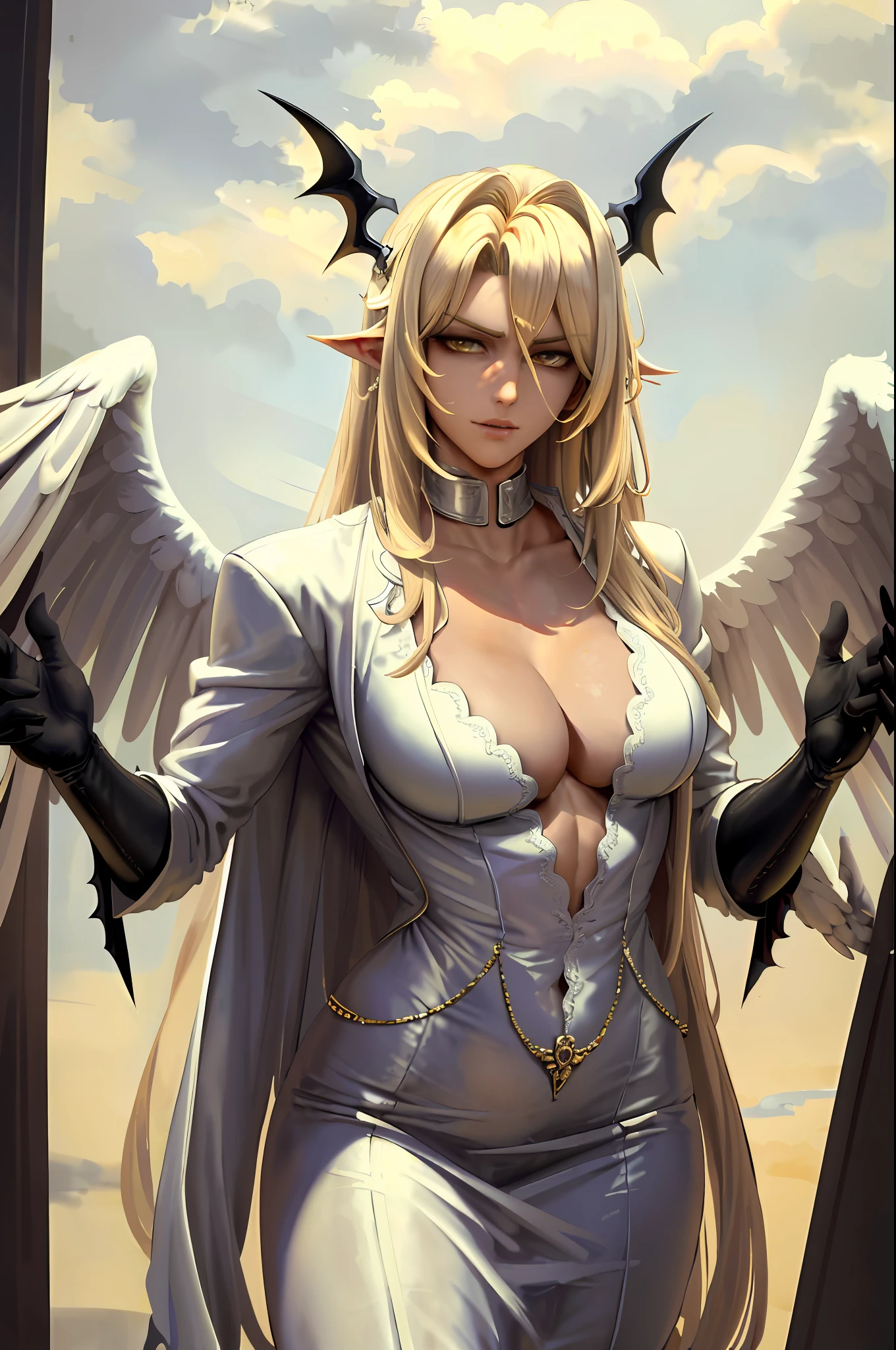 ((masterpiece, best quality)), 1guy, fallen angel Lucifer, very handsome, blonde and medium hair, thin, huge and beautiful wings on the back, in white clothes, evil expression, looking at the viewer, golden clouds in the background