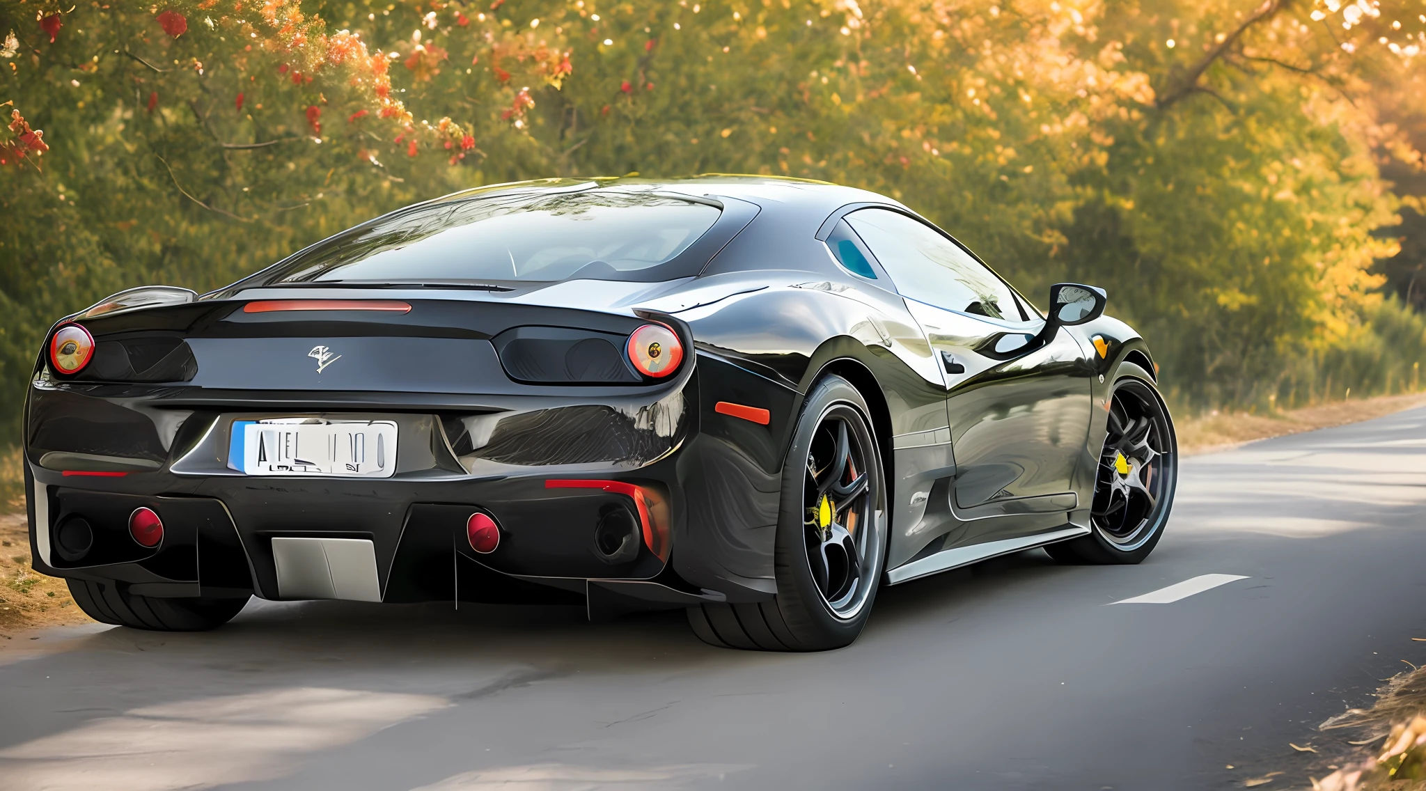 a close up of a black sports car driving down a road, ferrari 458, ferrari, back, with a sleek spoiler, with sleek lines and a powerful, sportscar, automotive photography, supercar, aerodynamic imposing, lit from the side, with his back turned, high res, desktop background, 35840k film, 4k high res