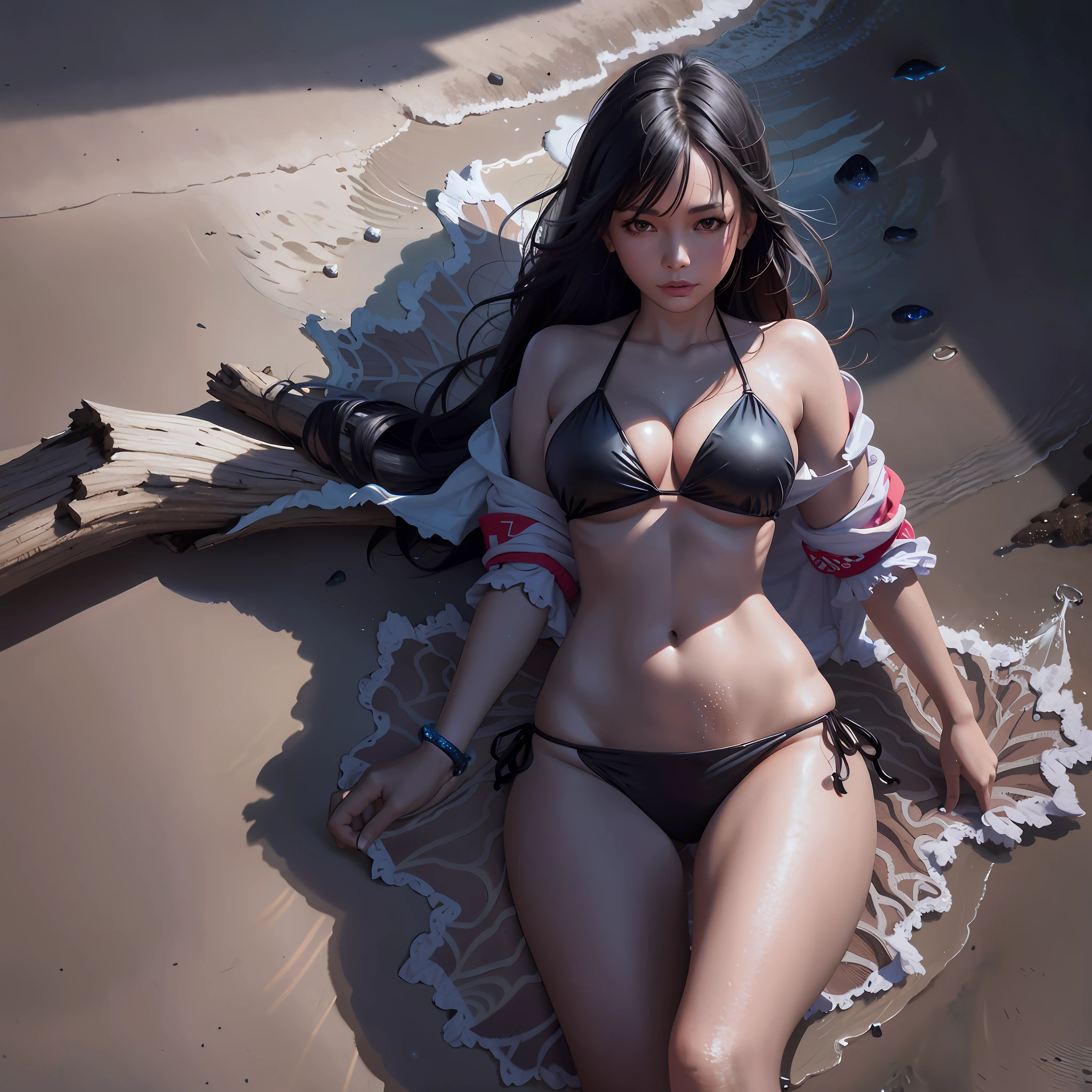 araffe woman in a bikini laying on a beach next to a log, ig model | artgerm, realistic bikini, ross tran 8 k, anime girl cosplay, seductive tifa lockhart portrait, beautiful alluring anime woman, irelia, seductive anime girl, range murata and artgerm, masayoshi suto and artgerm