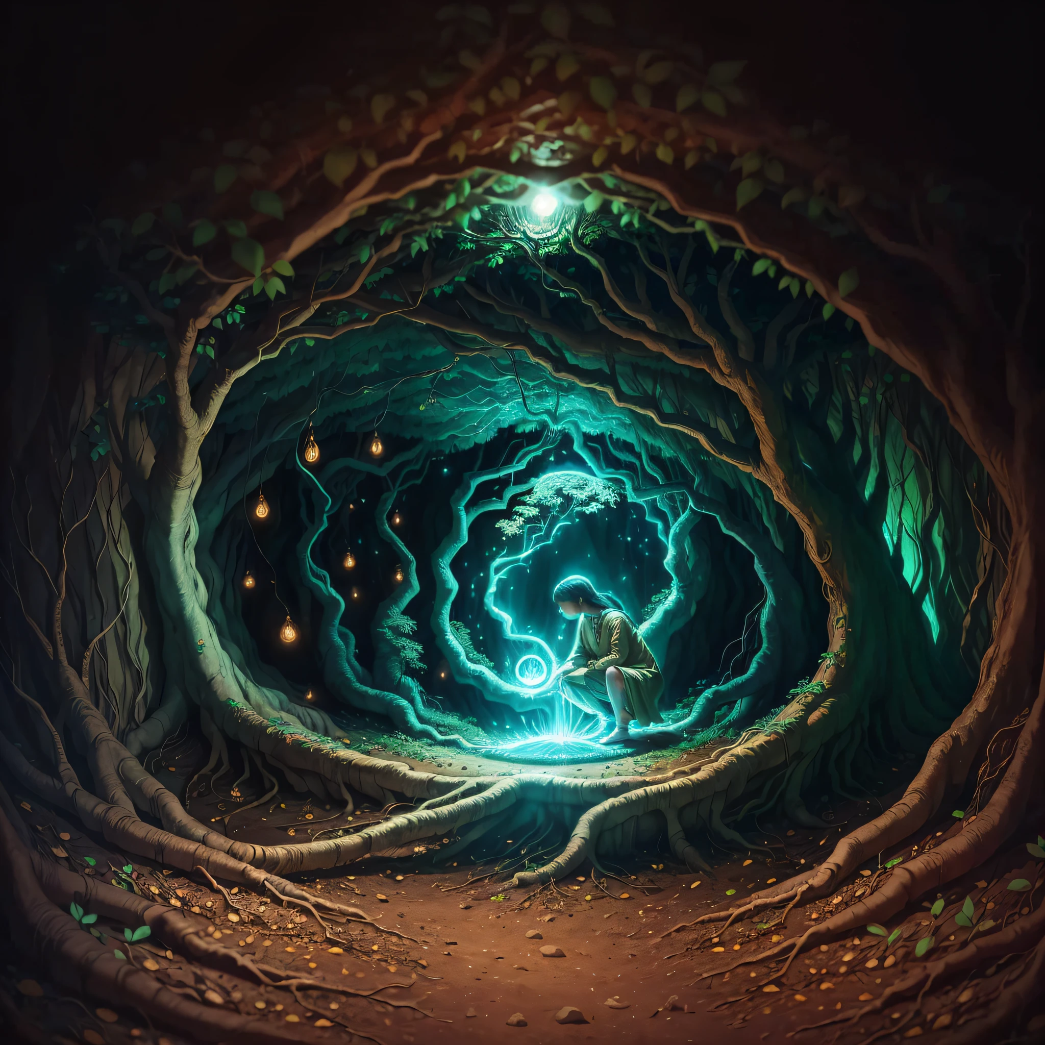 Visualize a human figure in a fetal position, illuminated in an underground cave, surrounded by the roots of a tree. How does this light affect the roots and the earth around you? How does this image symbolize rebirth? --auto --s2