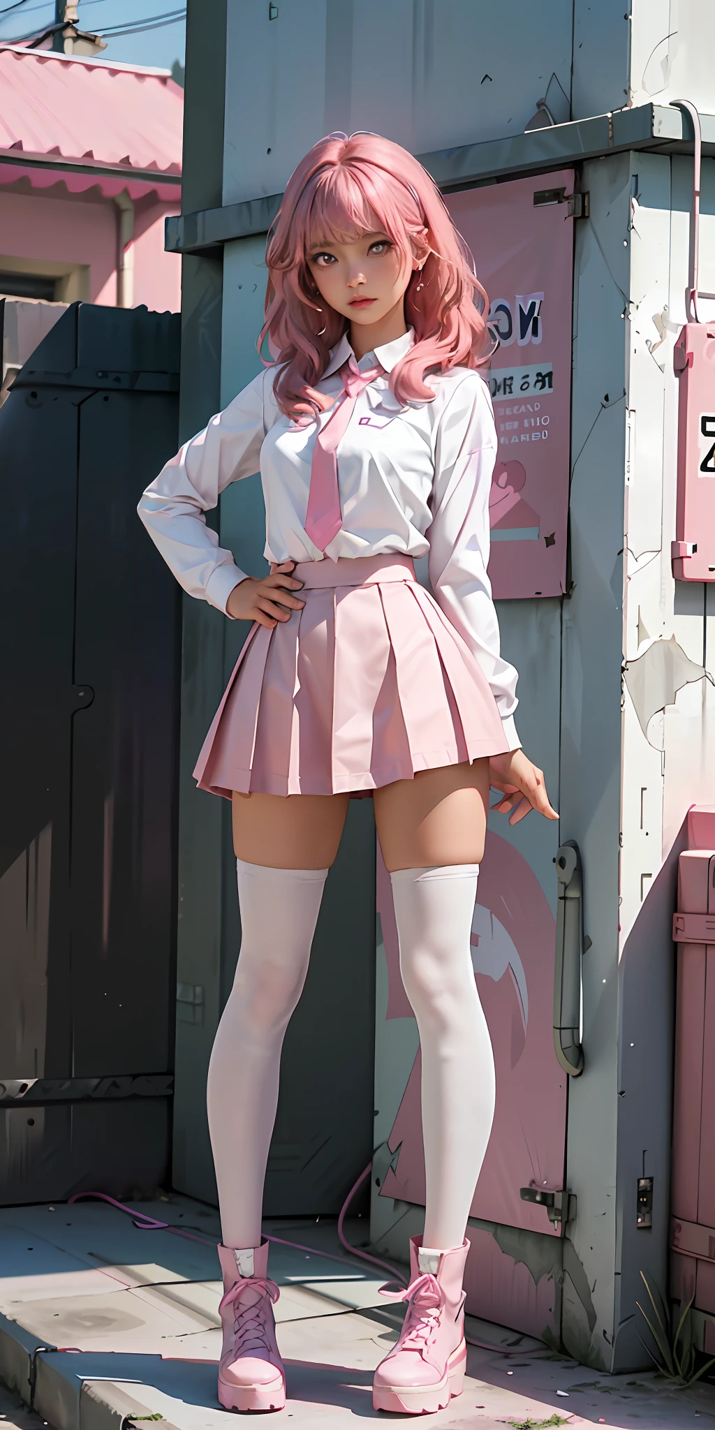 Woman, Chainsawman Kawaii pink, short high school pink skirt, pink tie, white shirt with buttons and a beautiful neckline, large breasts, high top pink boots, standing pose, neutral white background, focus on face and hair, soft light, perfect hairstyle, tranquility and subtle charm.