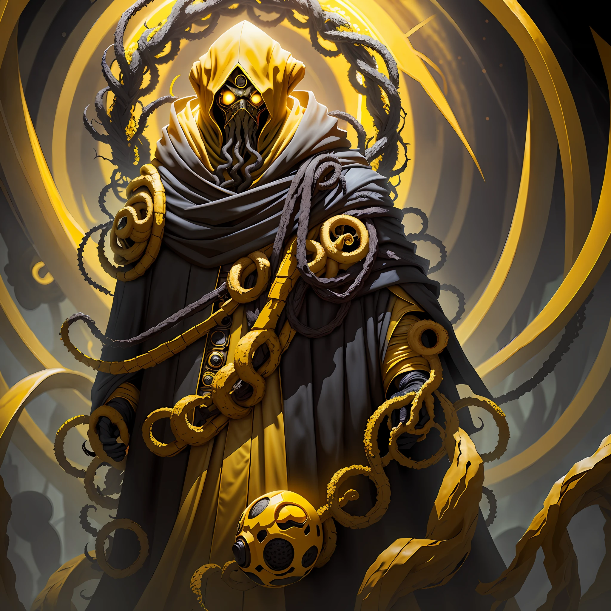 black cultist with yellow mask, surrounded by yellow tentacles and mist