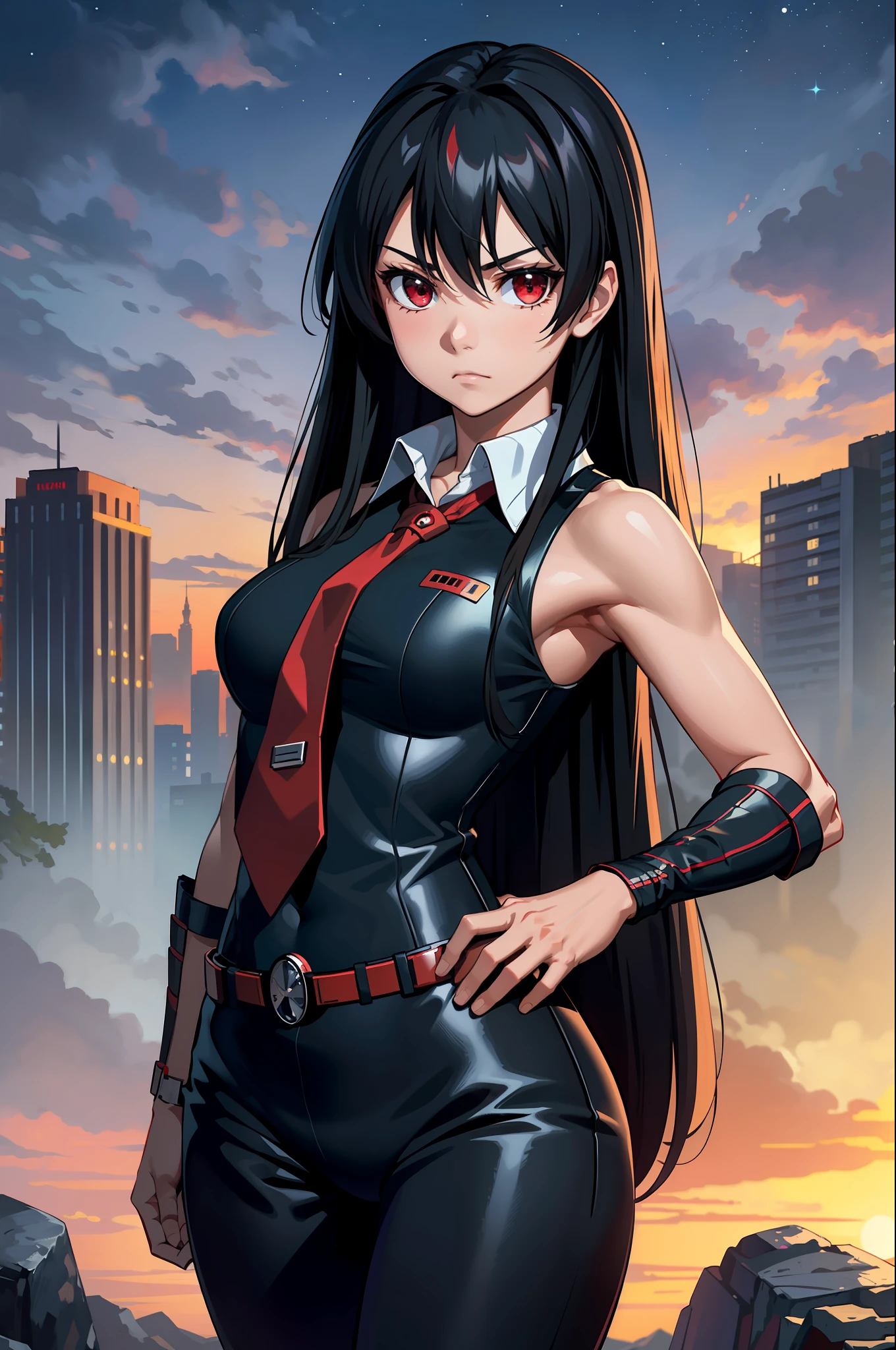 (masterpiece, best quality:1.2), cowboy shot, solo, 1girl, akame \(akame ga kill!\), expressionless, closed mouth, look at the viewer, black collared shirt, red tie, sleeveless, leggings, ass, wide hips