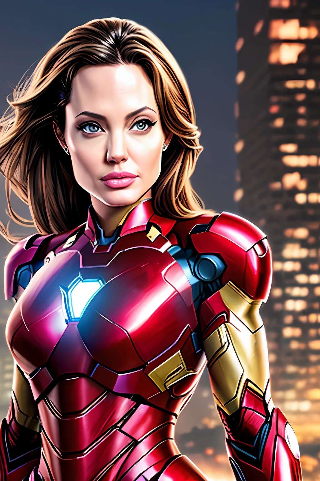 Angelina Jolie with hyper realistic iron man outfit, best shadow, best lighting, cinematic,hd,in a night town