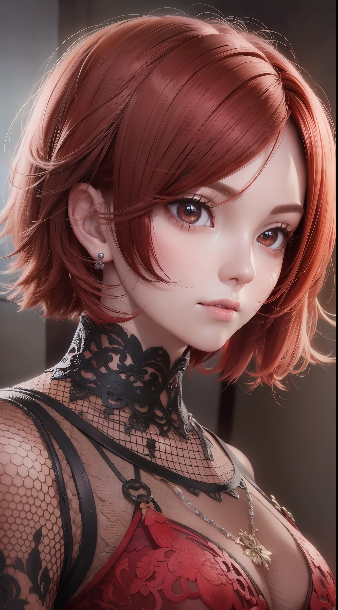 Stunning anime face portrait of girl with short red hair, red eyes, perfect, intricate, anime digital artwork, 8k, UHD, HDR - Self Portrait - s2.