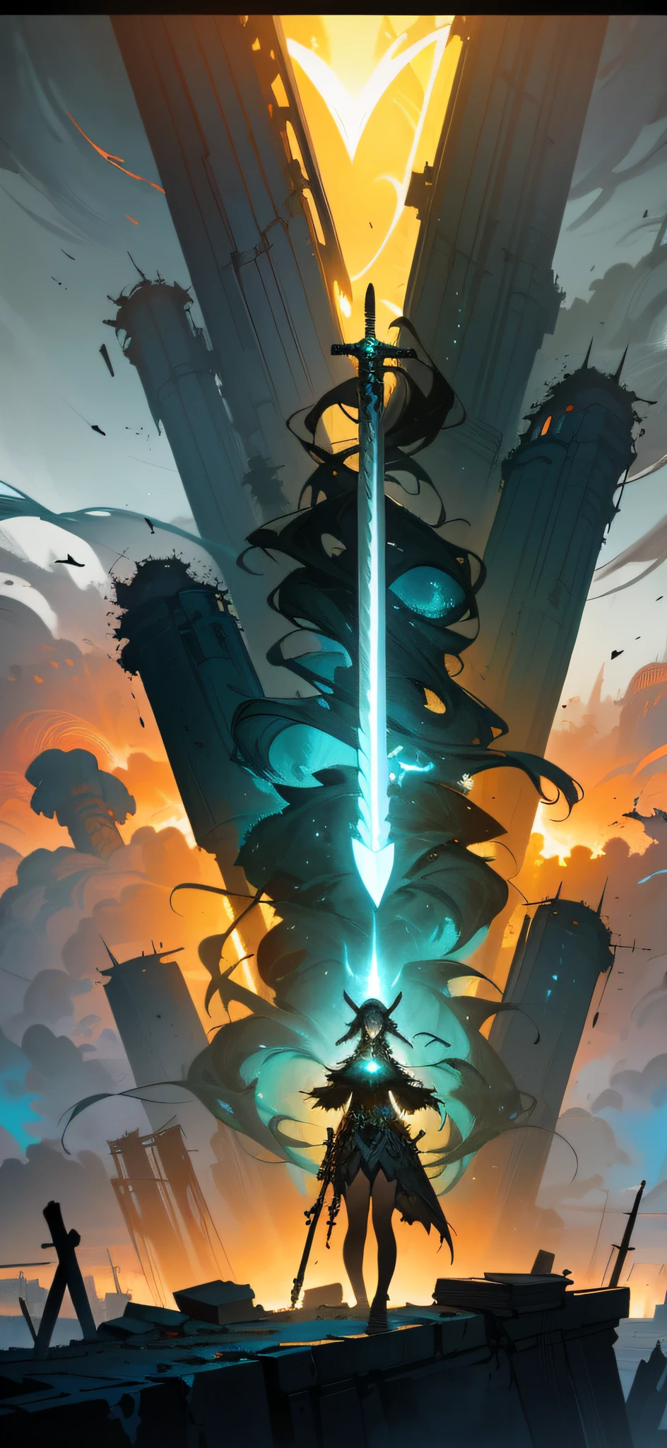 A masterpiece, a masterpiece, (a desolate wasteland, abandoned buildings and ruins, a gloomy sky, dark clouds, billowing mist, covering a desolate landscape). (In the middle of nowhere, there is only one sword.), (An exquisite sword with intricate details and unparalleled craftsmanship.), (Extremely detailed CG unity 8k wallpapers), (Best quality), (Best illustration), (best shades), ridiculous, realistic lighting, (Abyss), beautiful detailed glow, artwork by PeterMohrBacher,