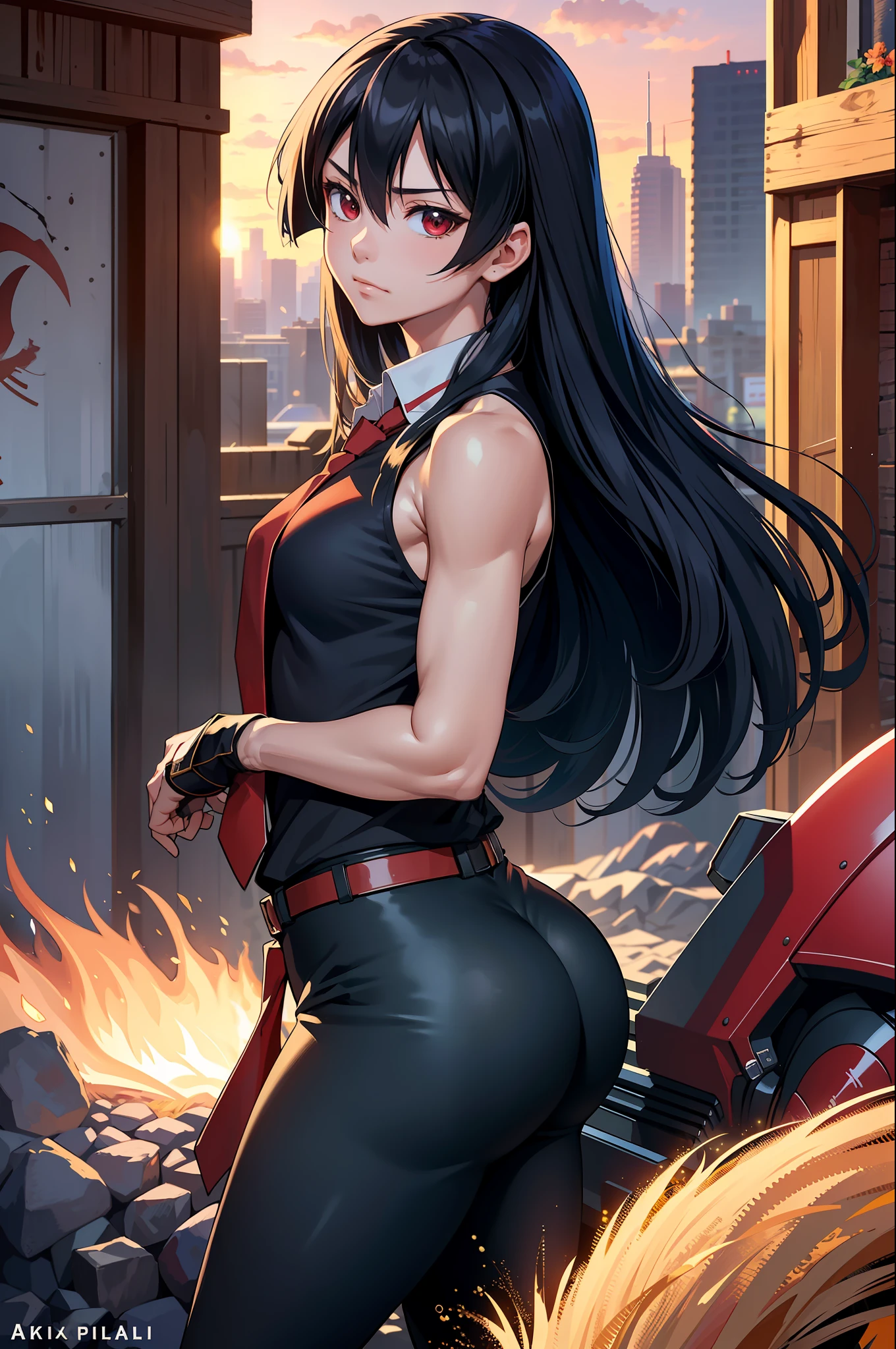 (masterpiece, best quality:1.2), cowboy shot, solo, 1girl, akame \(akame ga kill!\), expressionless, closed mouth, look at the viewer, black collared shirt, red tie, sleeveless, leggings, ass, wide hips