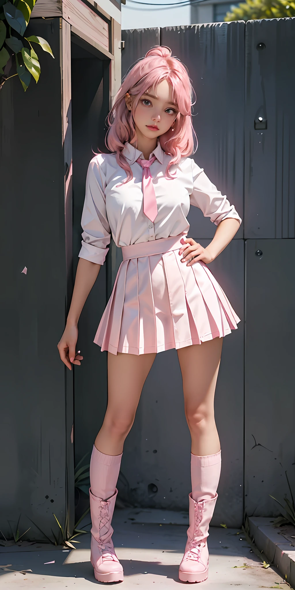 Woman, Chainsawman Kawaii pink, short high school pink skirt, pink tie, white shirt with buttons and a beautiful neckline, large breasts, high top pink boots, standing pose, neutral white background, focus on face and hair, soft light, perfect hairstyle, tranquility and subtle charm.
