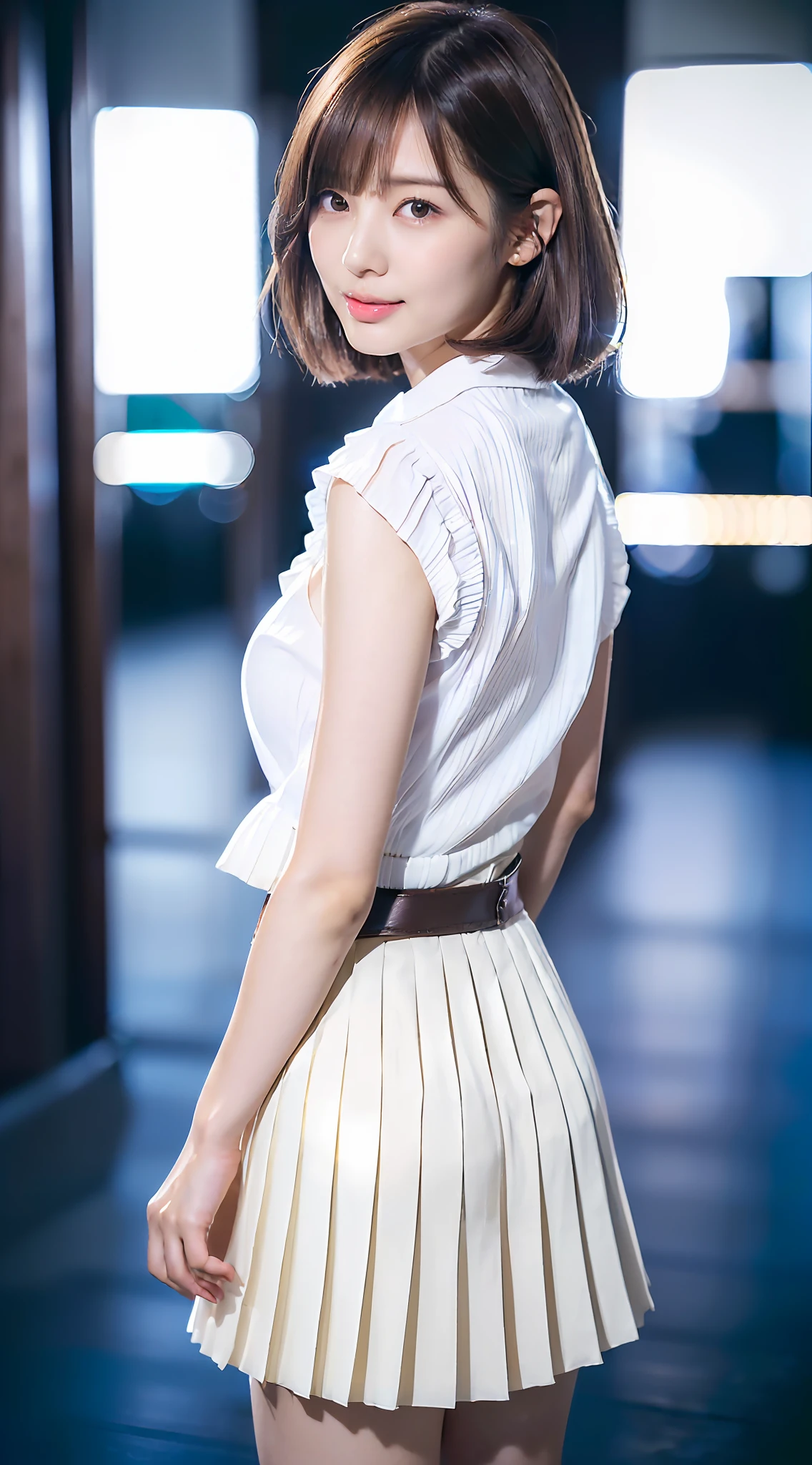 ((((((Mai Shiraishi, white shirt, black pleats skirt, cowboy shot, back shot, back view, looking ahead, dark brown very short hair, gigantic breasts, arms behind back, standing))))))(((((masterpiece, best quality, highly detailed, absurdres, RAW photo, ultra high resolution)))), highly detailed face and skin texture, detailed eyes, clear focus, an asian young and beautiful girl, white skin, real human skin, oval face, pores, gentle and goddess-like eyes, lip gloss, eyelashes, gloss face, Wide range of lighting, Natural shading, Small waist, slender body, slight smile, clear features, Beautiful face, Double eyelids, sagging eyes, night cityscape