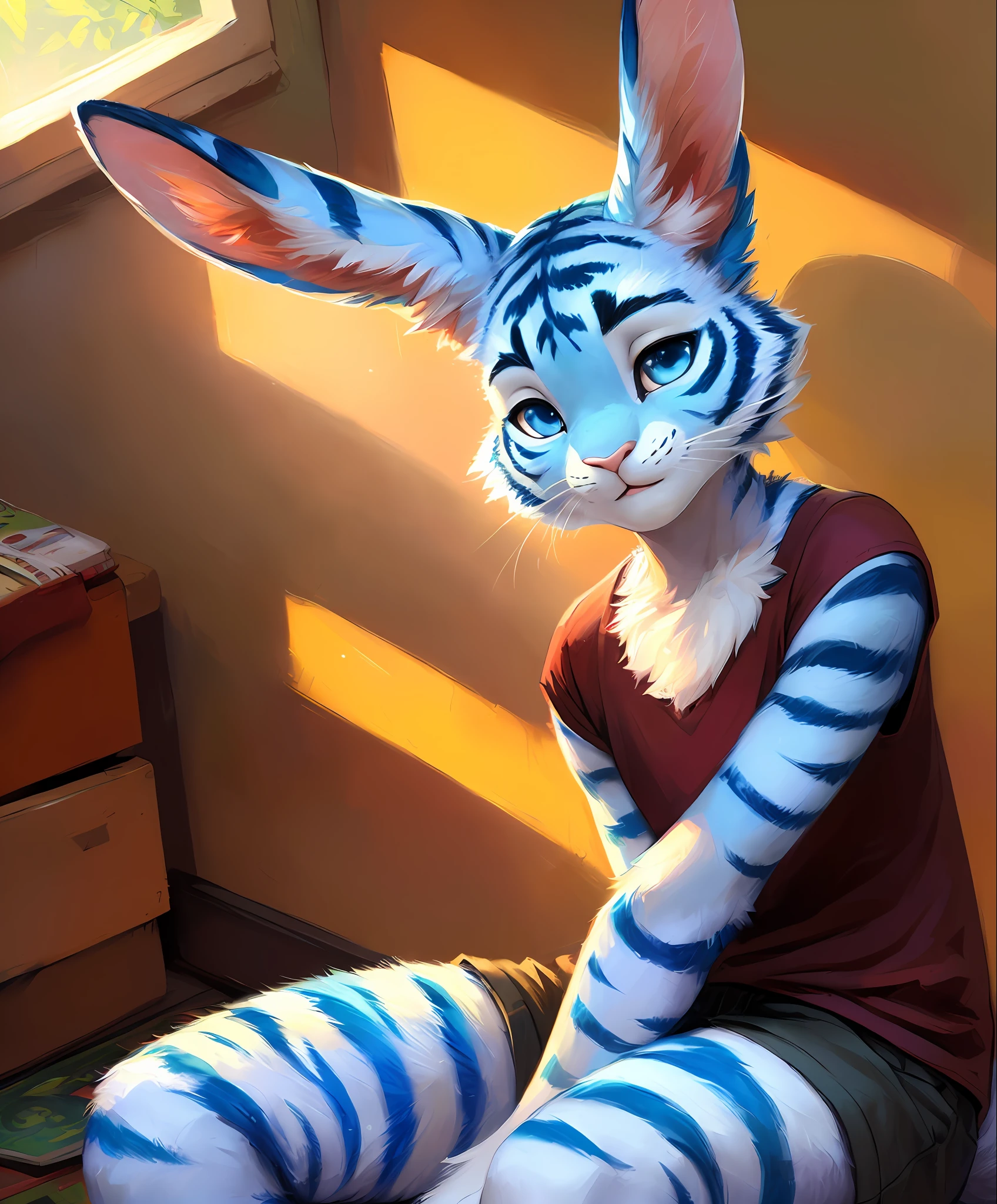 beautiful, masterpiece, 4k, 8k, high-res, sharp lighting, kenket, Ross Tran, ruan jia, detailed eyes, detailed face, ((1boy)), (((very handsome, feminine, bunny))), white fur colors, soft blue tiger strip ears, soft blue tiger stripes paws, ((street-wear clothing)), sitting down on bed , cozy room background, ((one ear flopped down)), looking at viewer, smiling, (gentle, blue eyes), hands next to body, portrait, solo