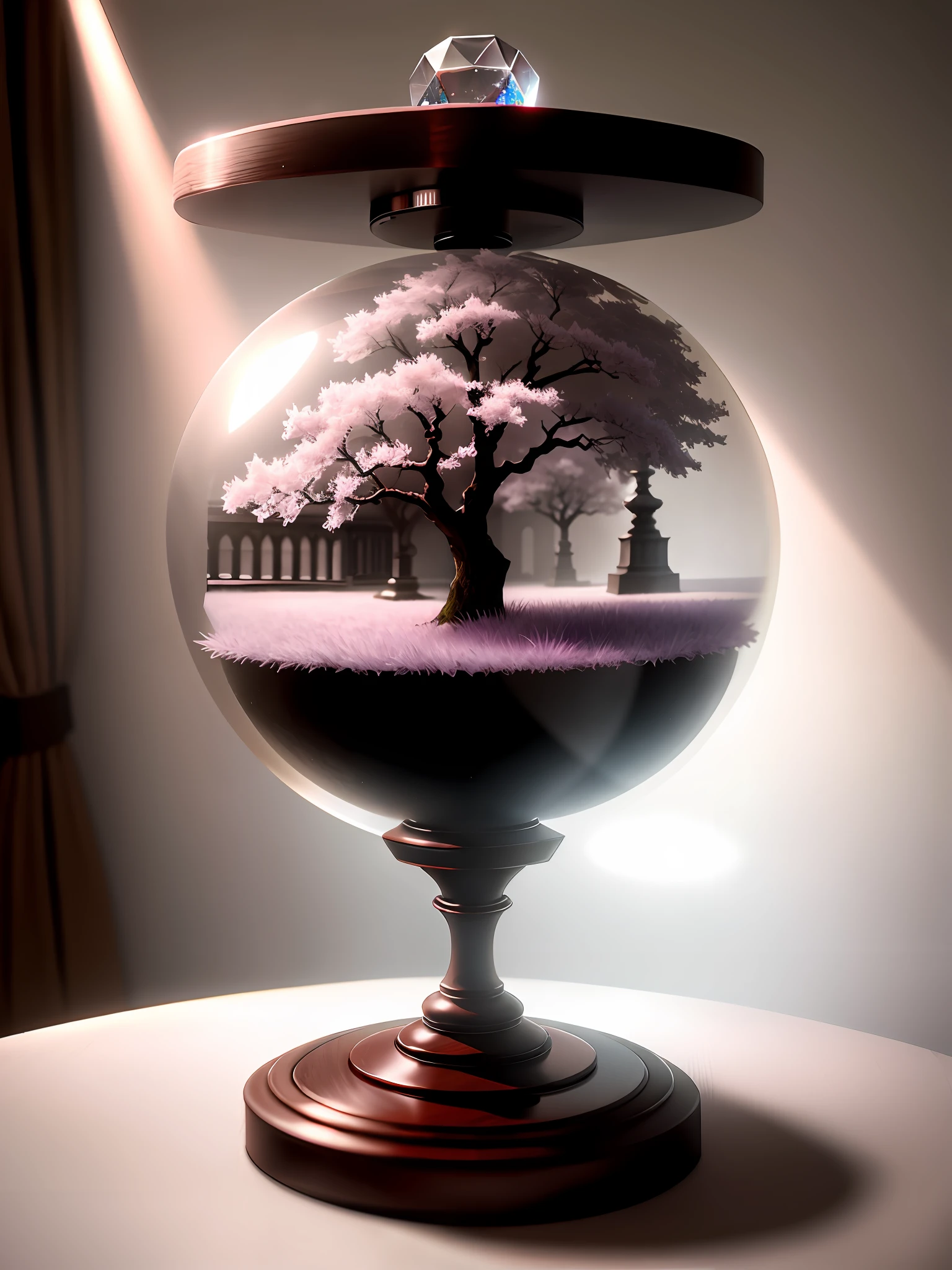 fog, artistic, fantastic, hyperrealism, 16K high resolution, Unreal Engine, Soft light, (Cherry tree trapped in crystal sphere: 1.4), (Max Sharp Focus: 1.4), (Crystal sphere with pedestal placed on urban table: 1.3), Backlight ,