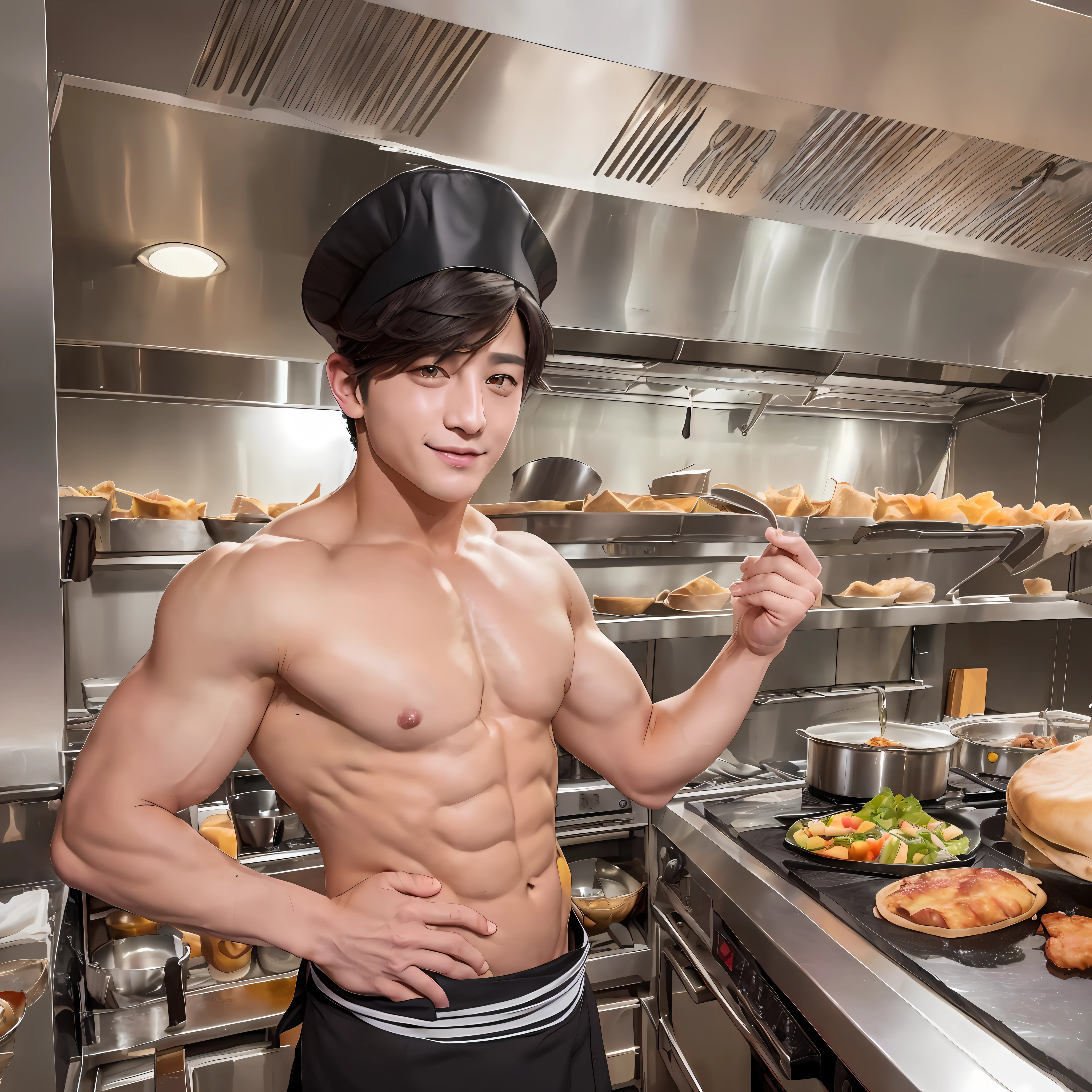 handsome Jungkook, 23 year old. ((happy face)), (((black hair))),(fit body:1.6),(big muscle:1), ((dressed as a cook ((topless)) but with a ((chef's hat)))). ((standing  in a restaurant kitchen))