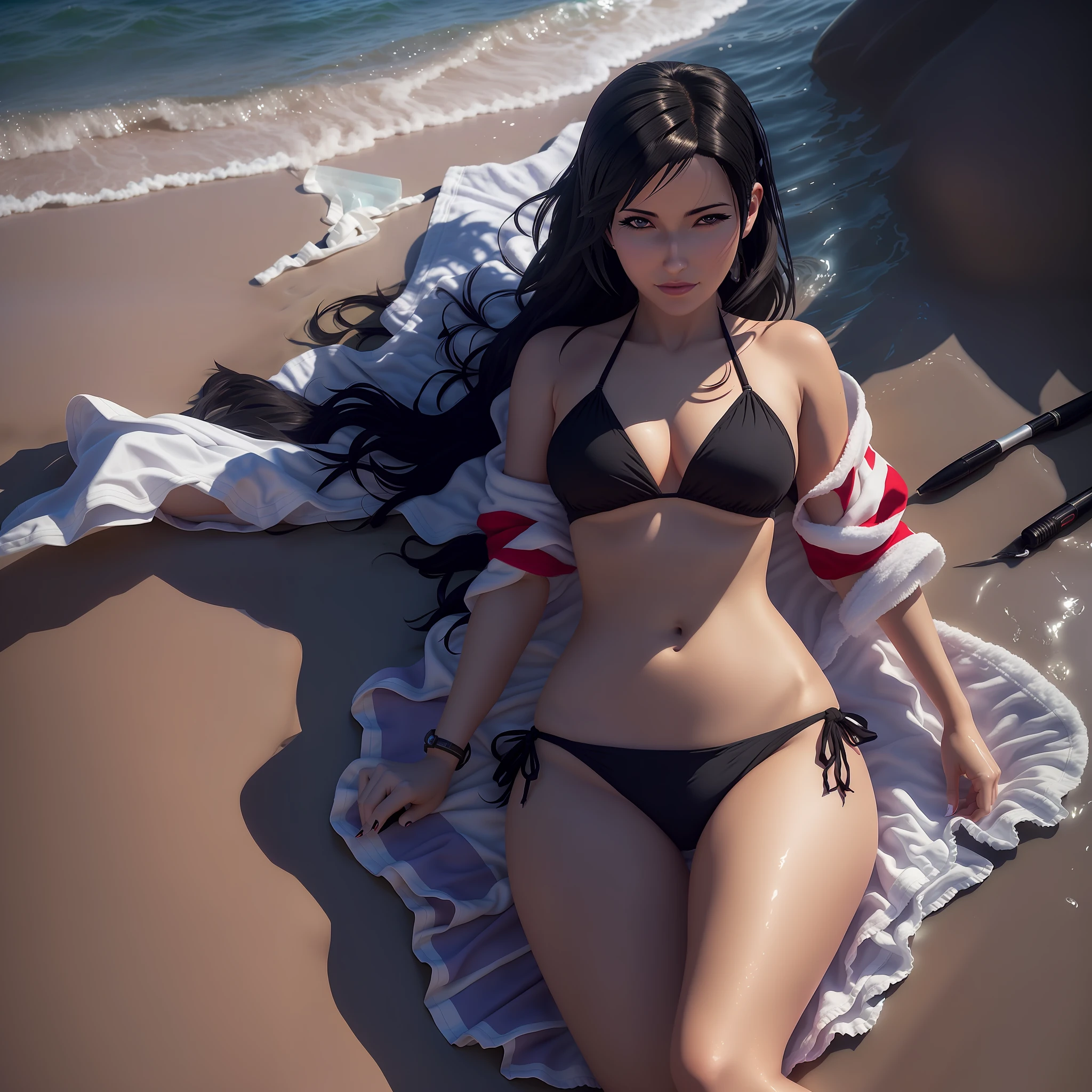 araffe woman in a bikini laying on the beach with a towel, seductive tifa lockhart portrait, tifa lockhart, irelia from league of legends, tifa, irelia, tifa lockheart, anime girl cosplay, alena aenami and artgerm, tithi luadthong, realistic bikini, glamorous tifa lockheart