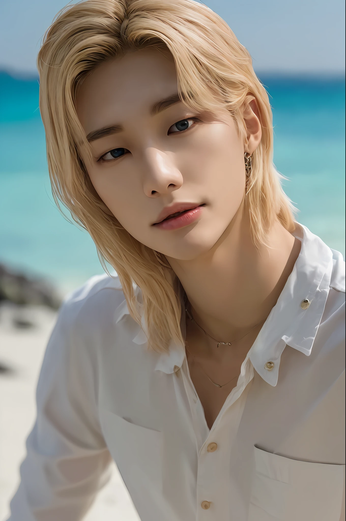 Hyunstayv2, frontal, shimmering, split lips, (long blonde hair:1.2), (ultra realistic:1.2), (shoulders and chest: 1.2), (close-up photo:1.1), (intricate:1.2), (beach background at night:1.2), (night sky:1.2), (looking at viewer:1.2), moon.