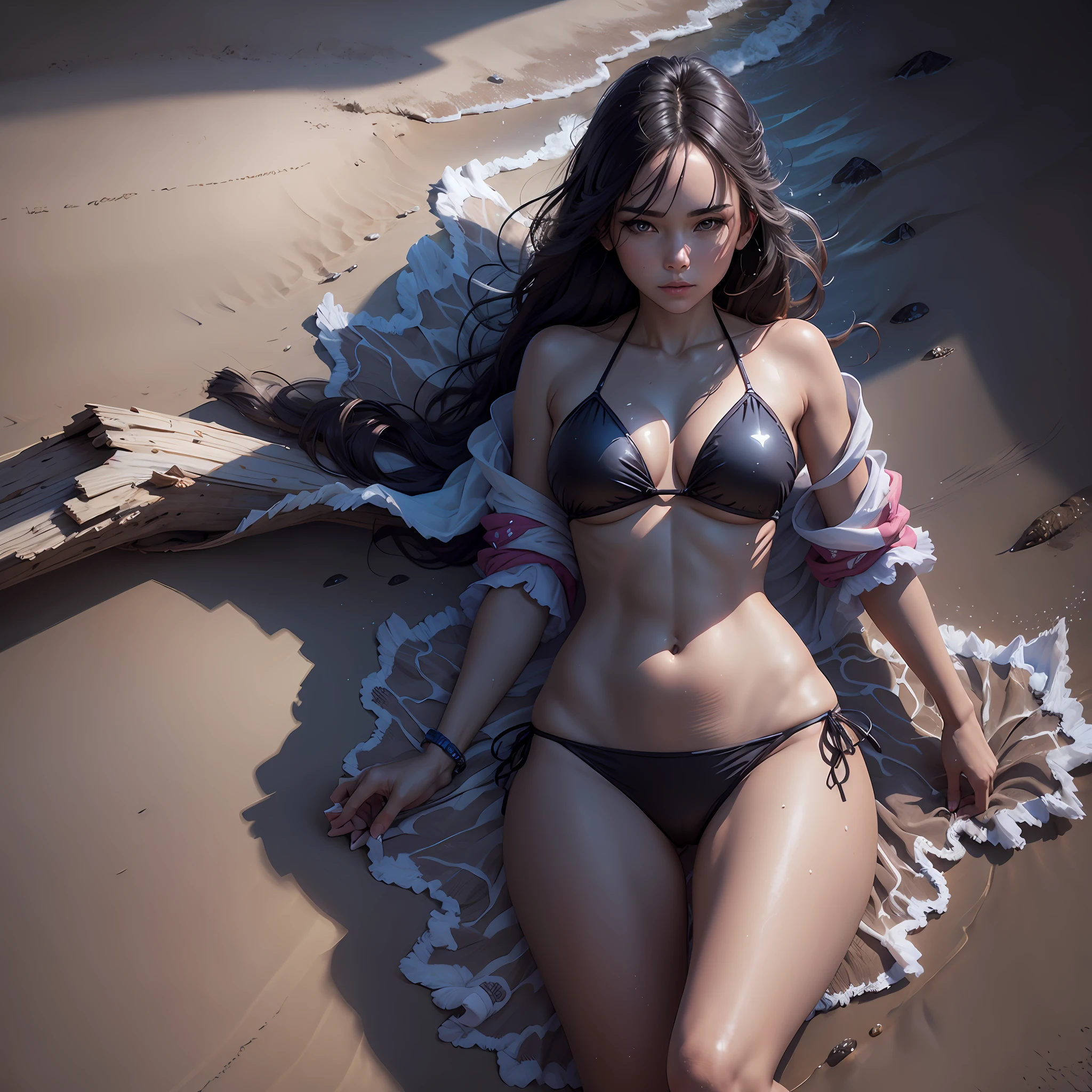 (prompt): (s1: extremely high quality, masterpiece), (s2: sunny beach, summer vibes) A beautiful woman standing on the pristine shore, wearing a bright-colored bikini, with her arms crossed over her chest, and a gentle breeze blowing through her hair. The water glimmers with crystal clear clarity, and her shadow is perfectly outlined on the glistening sand.