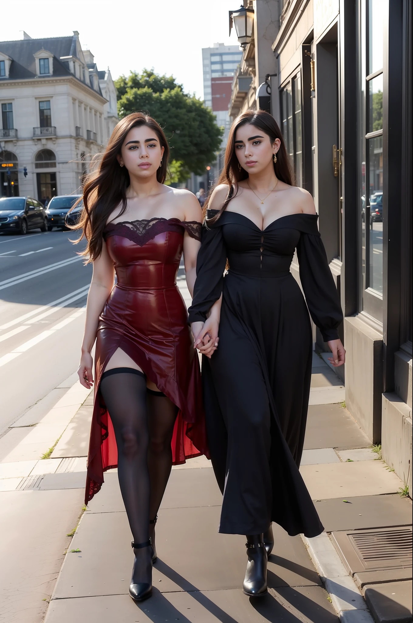 "((masterpiece)), best quality, sensual Victorian dress, happy and elegant Lauren Jauregui walking through a vibrant city, wide shot, exciting scenery in the background, golden light, soft shadows."