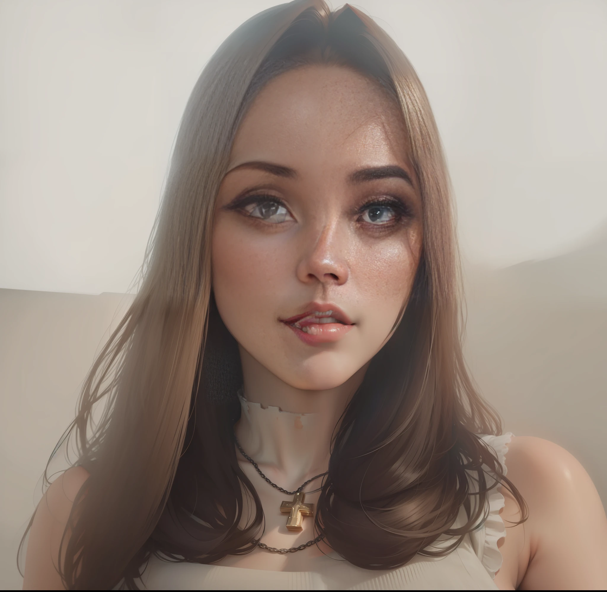 a 20 year old girl, cat, very beautiful, is looking at the camera with her brown eyes and her perfect face, she has fleshy lips, is wearing a crucifix chain around her neck, best quality, masterpiece, realistic photo, intricate details, raw photo, photon rendering, octane rendering, ultra detailed, detailed face, detailed skin, trend at artstation, 8K masterpiece, cinematic lighting --auto --s2