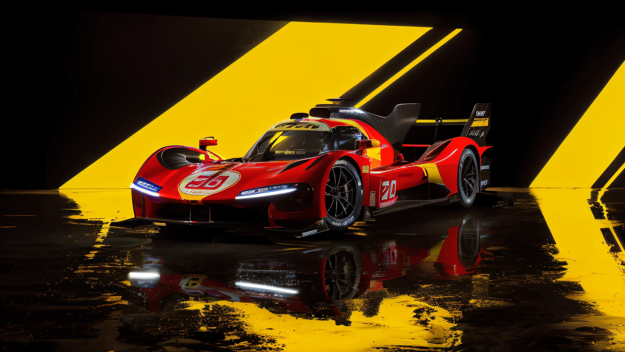 Arafed race car on a reflective surface with yellow light, red and yellow scheme, black and yellow and red scheme, hyper realistic", hyper realistic", McLaren, trailer, Daniel Maidman octane rendering, ultra realistic", ultra realistic, "motorsport photography, render, has a red and black paint, yellow red, 3840 x 2160. digital painting