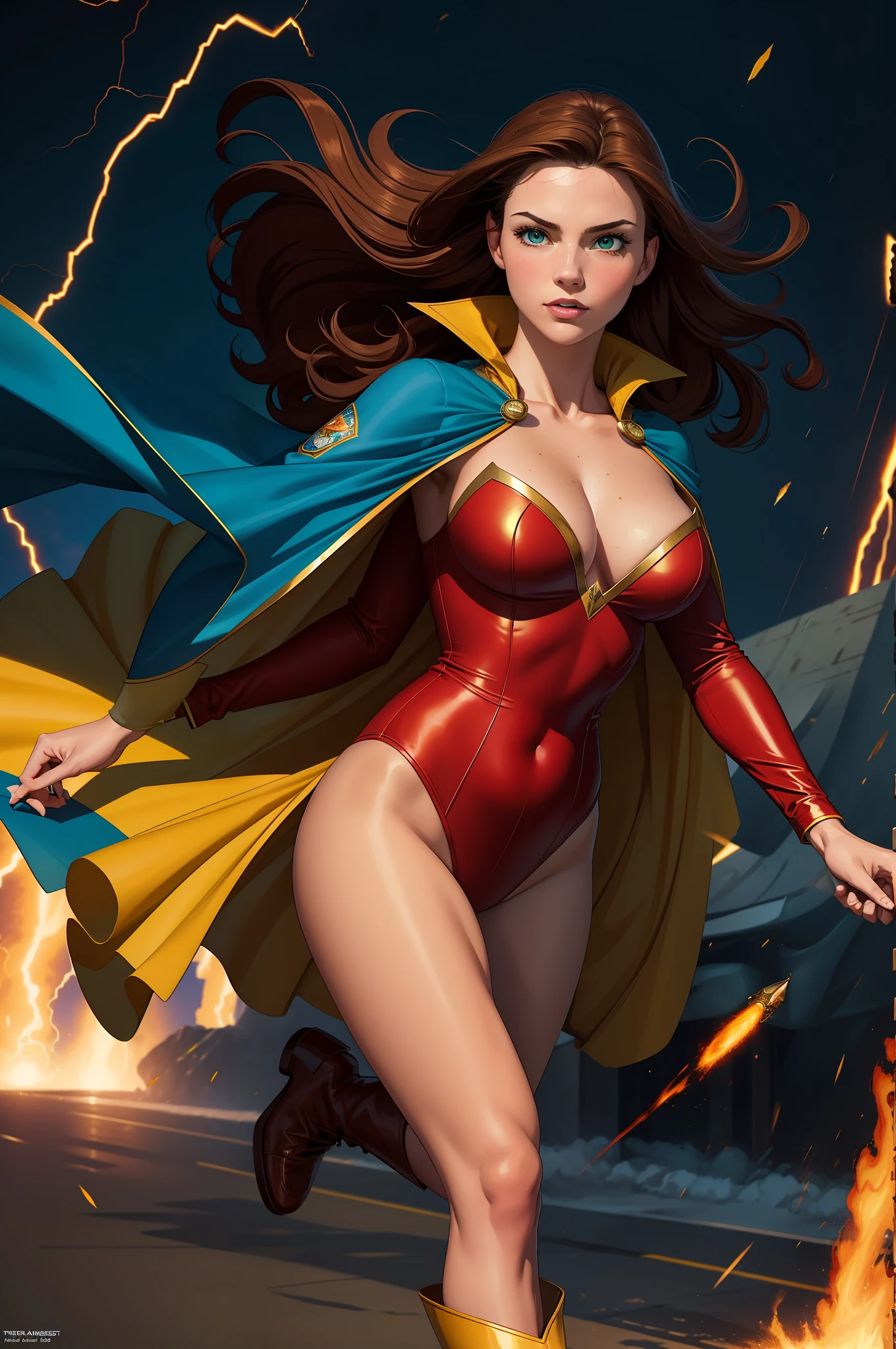 ((best quality)), ((masterpiece)), ((ultra realistic)), (dynamic twirling pose), american, beautiful detailed face, detailed eyes, sexy reporter, dressed in a red leotard, highly detailed, professional, bare legs, (full body), standing, brown hair, medium hair, green eyes, matching boots, long sleeves, yellow hawk-shaped crest engraved on chest, blue cape, cowboy shot, spinning into a tornado, super speed, time travel,