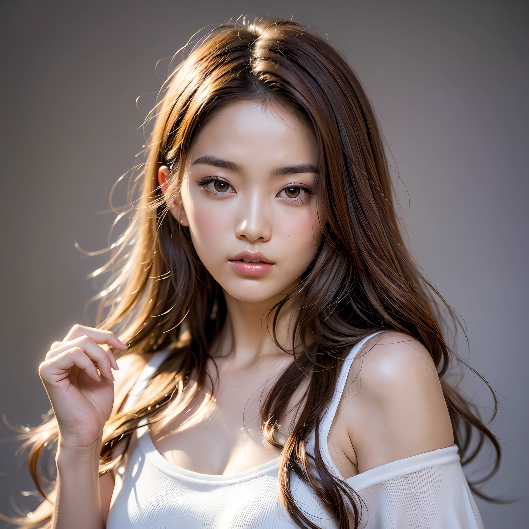 Asian, Beautiful, Slender, Cute, 30s, Beautiful Face, Beautiful Skin, Actress, Mature, Upper Body, Light Brown Hair, Fine Hair, Live Action, Masterpiece, Best Quality, Very Elaborate CG Unity 8K wallpaper, Ultra High Definition, Casual Fashion, Lighting, Summer Fashion, (Natural Brown Hair: 0.8), (Puffy Eyes), Look at Audience, Turn Around, Bleach Hair, Model pose, white background, delicate skin type, light curly hair, hands around mouth, white T-shirt, hair model photo