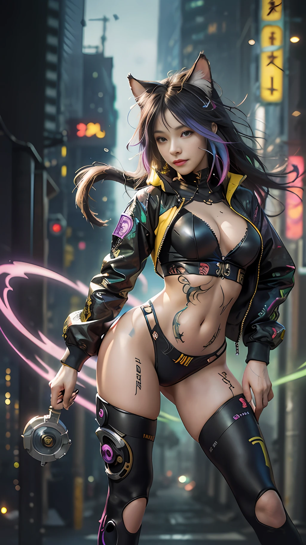 Beautiful photorealistic photograph of cute smiling nekomata cyberpunk catgirl wearing colorful tech jacket, black and yellow cyberpunk clothing , combat webbing, colorful shapeless cyberpunk hairstyle, huge breasts, tattoos, dynamic pose, cyberpunk street background, perfect ratio proportions, abstract beauty, approaching perfection, pure form, concept art, by Brian Froud and Carne Griffiths and Wadim Kashin and John William Waterhouse, intricate details, 8k post production, high resolution, hyperdetailed, trending on artstation, sharp focus, studio photo, intricate details, highly detailed