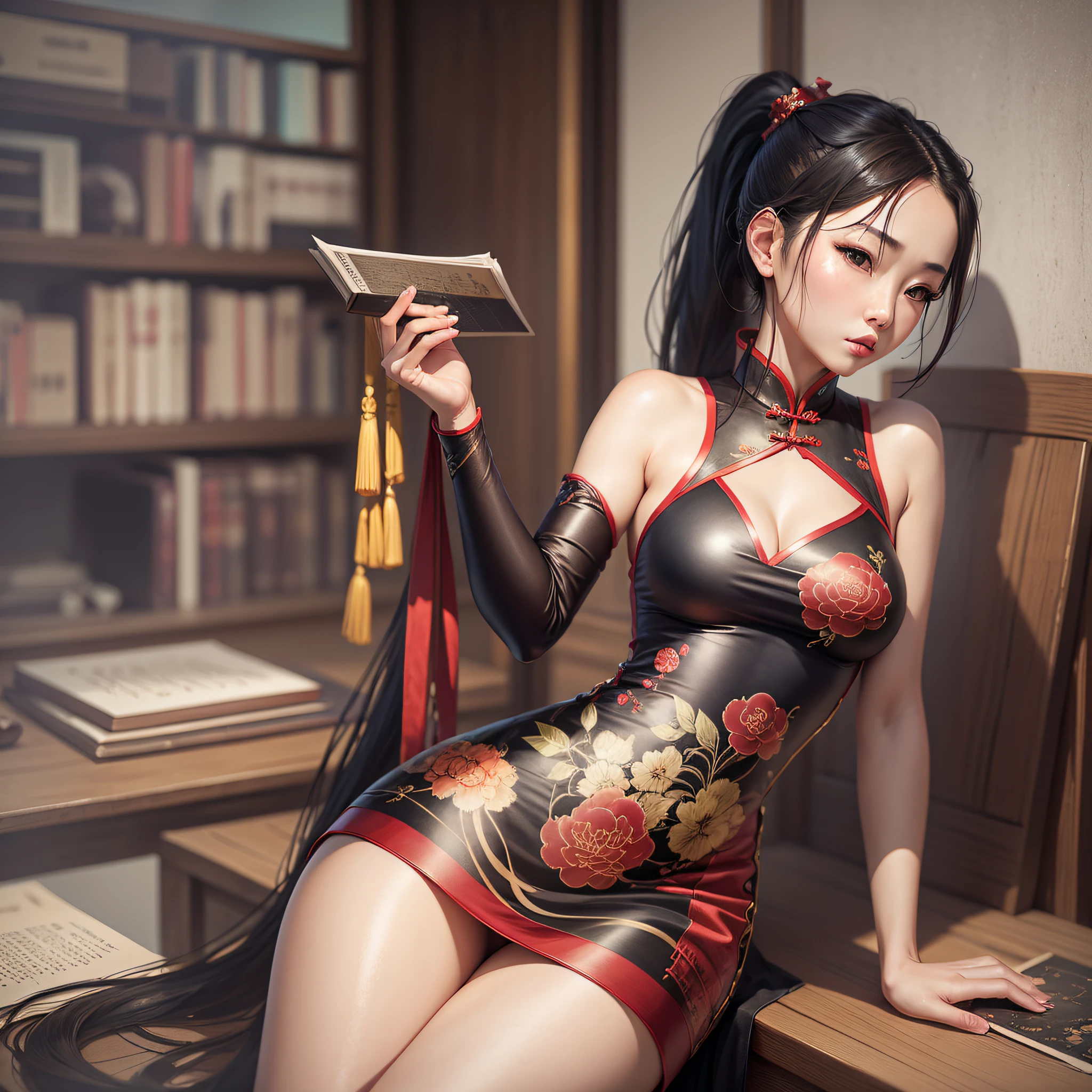 Realistic literary art. Chinese literary and artistic girl. Short cheongsam with long legs. Exposed breasts, ponytail realistic 8K --auto --s2