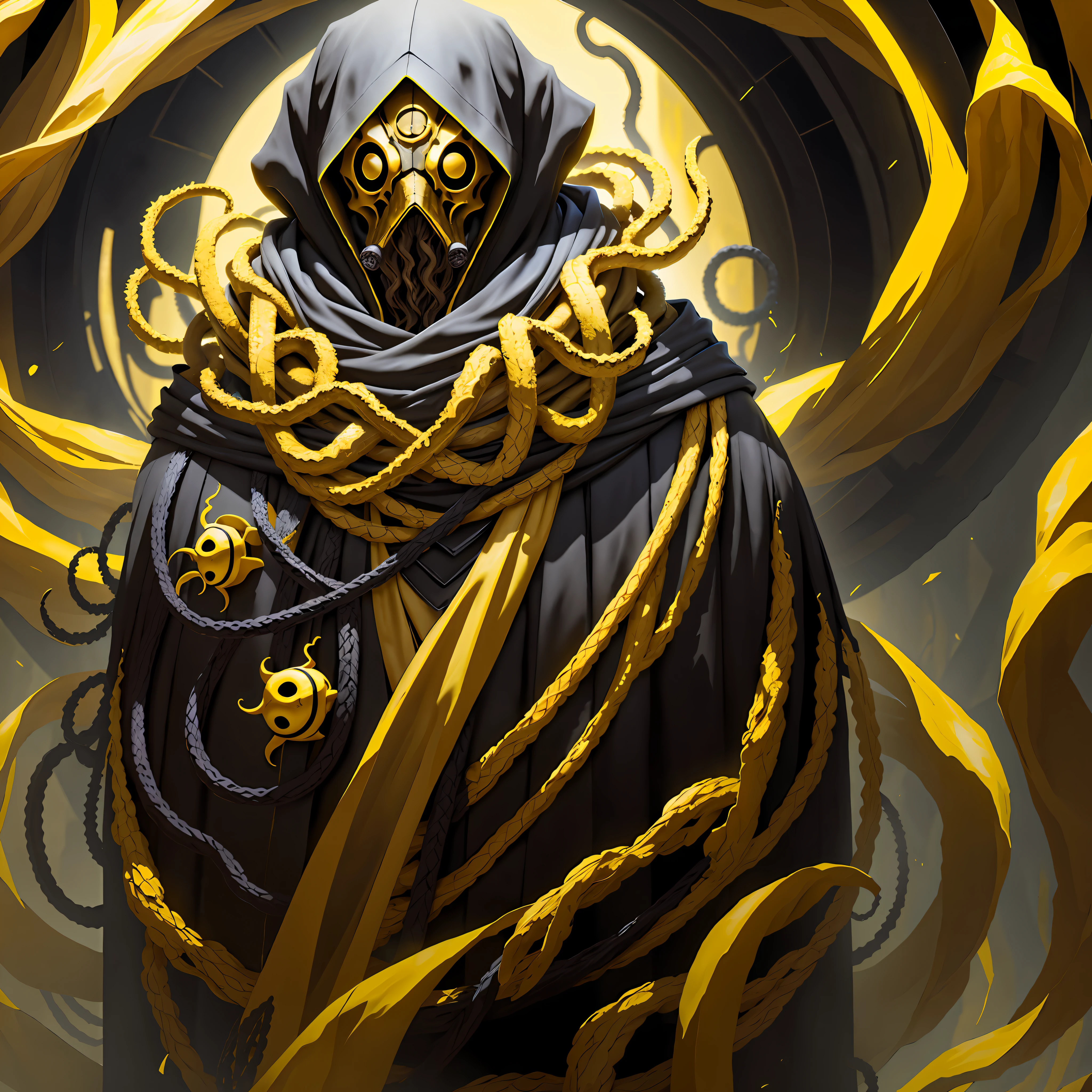 black cultist with yellow mask, surrounded by yellow tentacles and mist