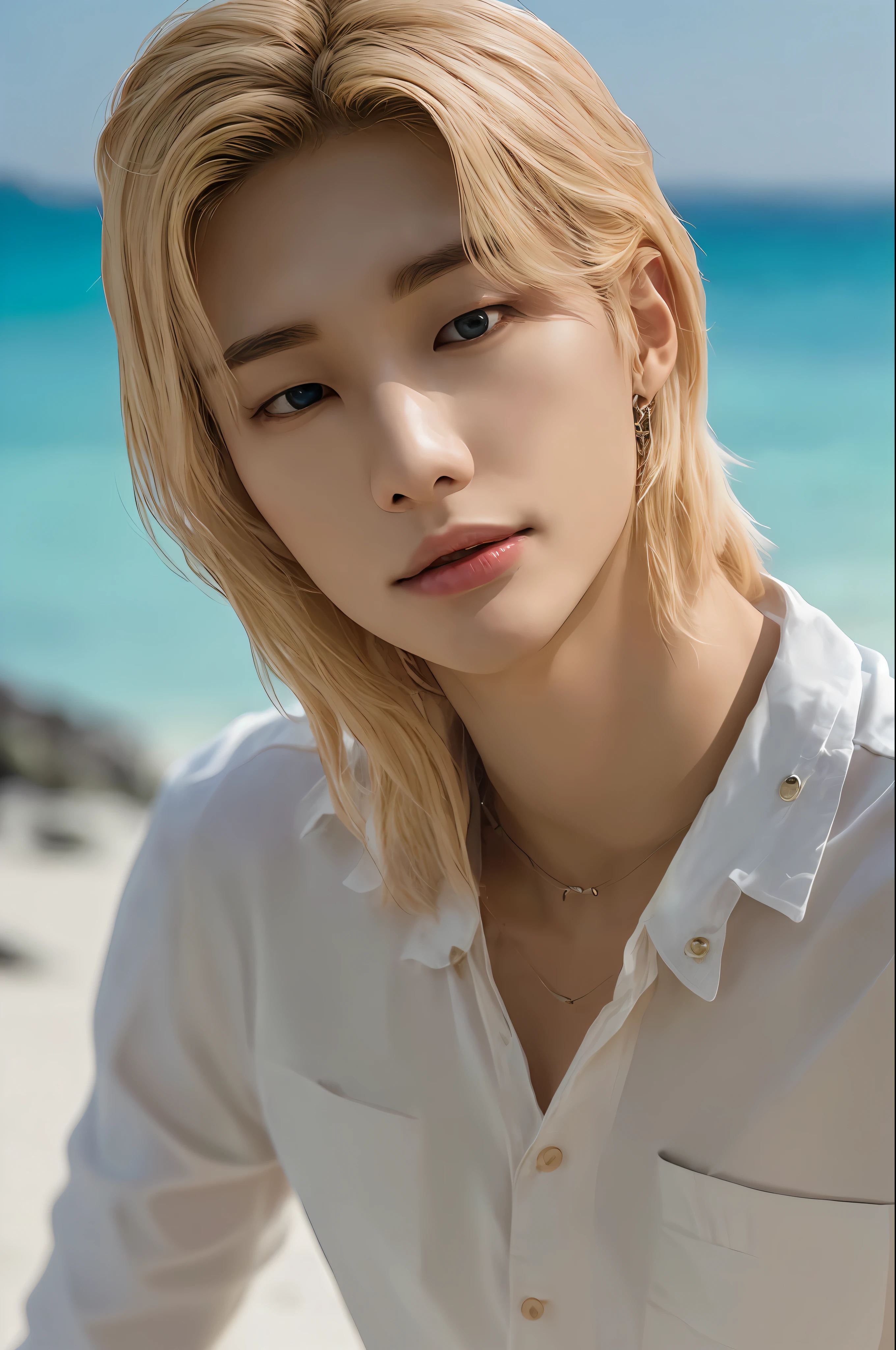 Hyunstayv2, frontal, shimmering, split lips, (long blonde hair:1.2), (ultra realistic:1.2), (shoulders and chest: 1.2), (close-up photo:1.1), (intricate:1.2), (beach background at night:1.2), (night sky:1.2), (looking at viewer:1.2), moon.