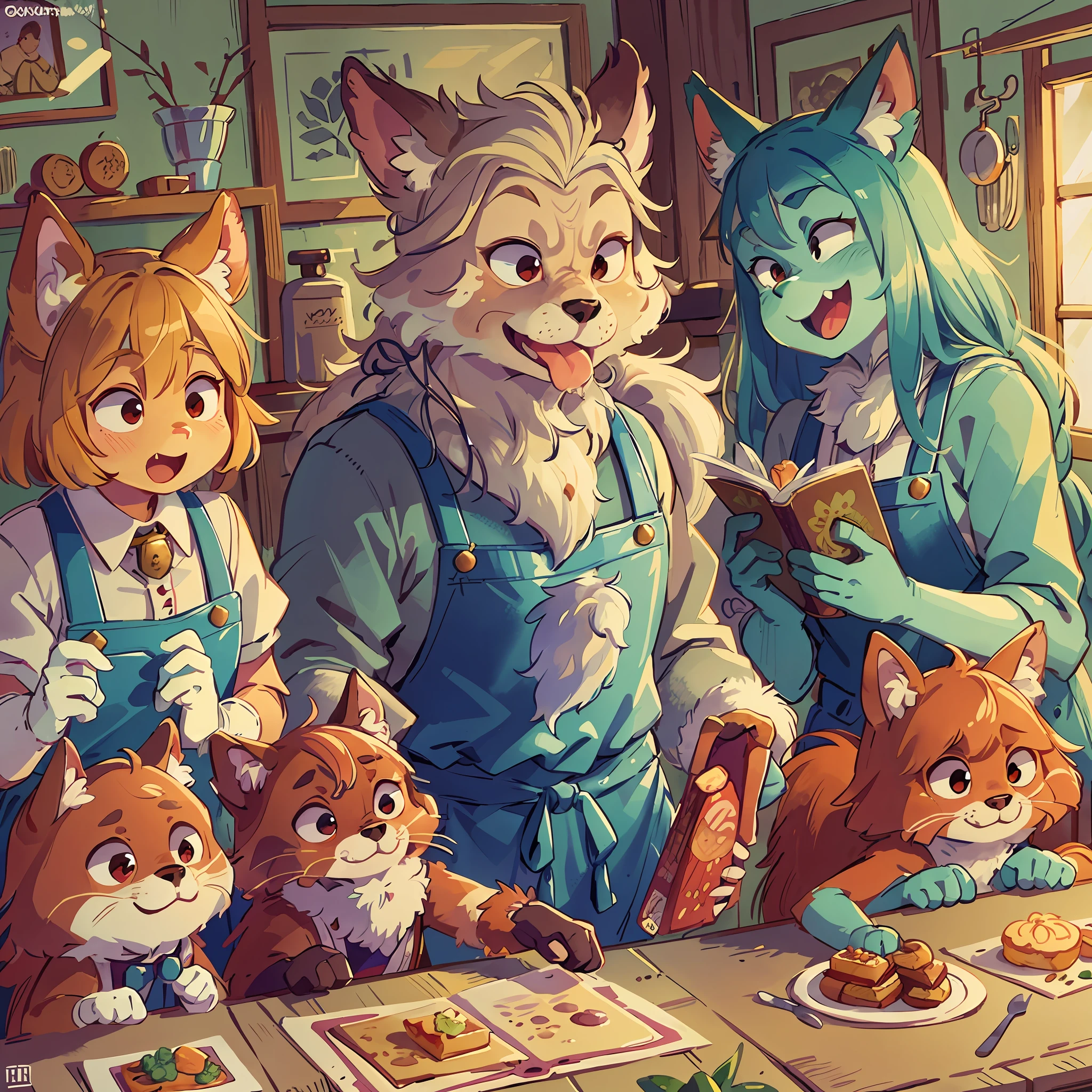 Top quality, picture book cover, watercolor, fancy, four-headed, pale color (log cabin, kitchen) (very detailed beautiful face and eyes) perfect anatomy (beastman) (beastman, cooking aprons, mittens, sweets, eating happily) (furry antro: 1.2) (animal facial features of furry bodies) (animal muzzle very detailed fur) whole body, smile with open mouth ( Dynamic Pose),