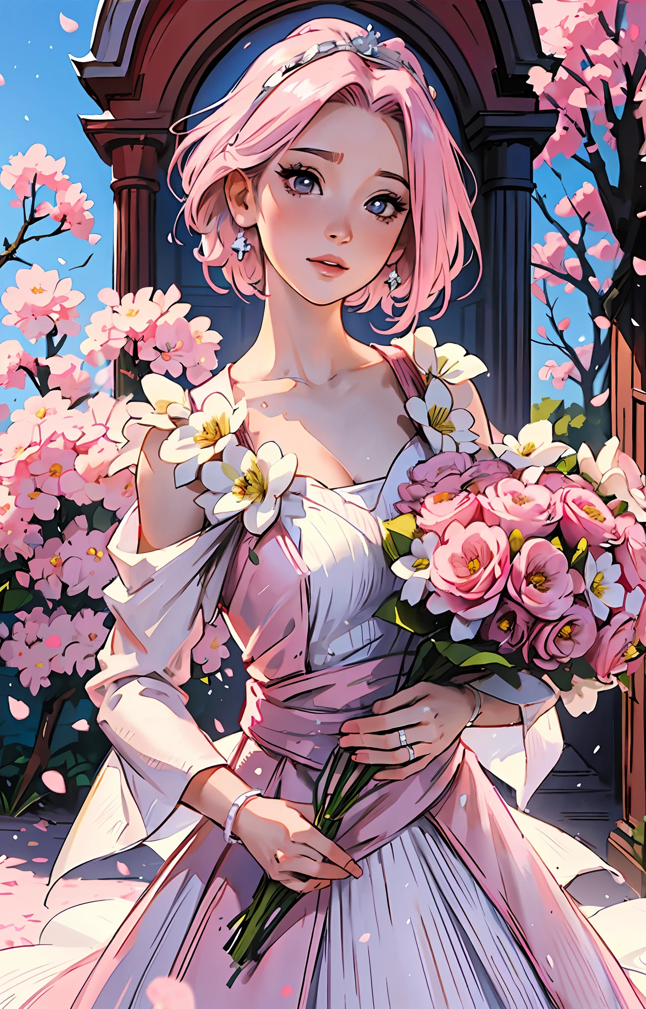 Sakura haruno, ((solo)), alone, bride, wearing a white wedding dress, queen, happy, ((forehead to show)), standing, entering the church, pink hair, short hair, delicate, young, short hair, detailed face, high definition, ((full body)), (flowers around her), full body, she is a beautiful woman getting married, face with high quality, beautiful, radiant