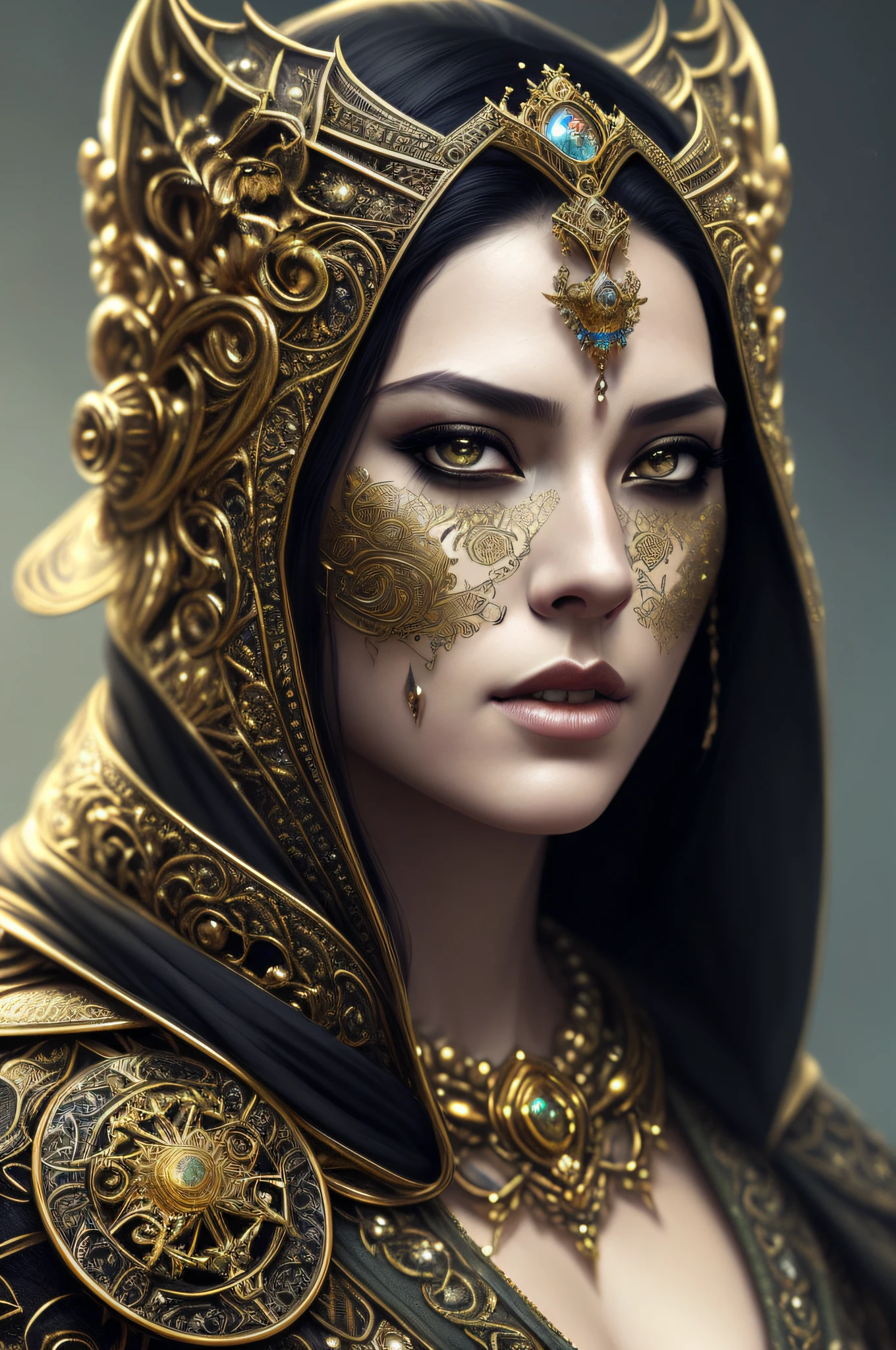 arafed woman with a golden headdress and a hood, beautiful intricate face, hyperdetailed fantasy character, hyperrealistic fantasy art, epic fantasy art portrait, beautiful fantasy art portrait, detailed fantasy art, highly detailed fantasy art, elegant cinematic fantasy art, ornate cosplay, a beautiful fantasy empress, ((a beautiful fantasy empress)), detailed matte fantasy portrait, detailed fantasy digital art