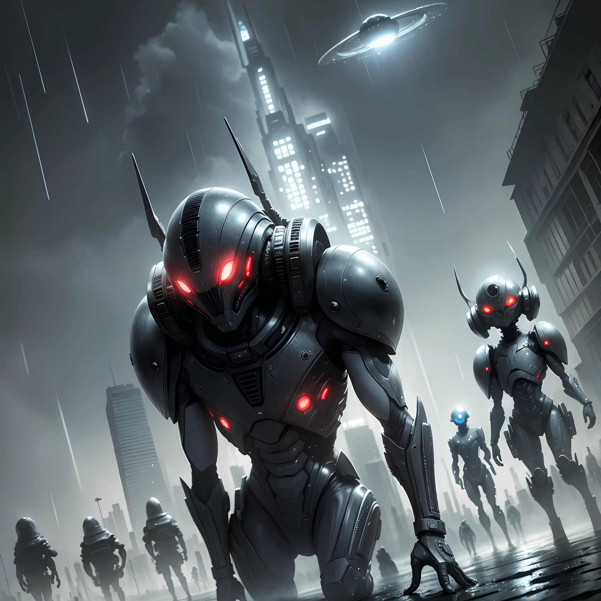Aliens descending on earth while everyone witnesses this event, dark, rainy and dark scenery, the aliens are silver and chrome and red-eyed creatures --auto --s2