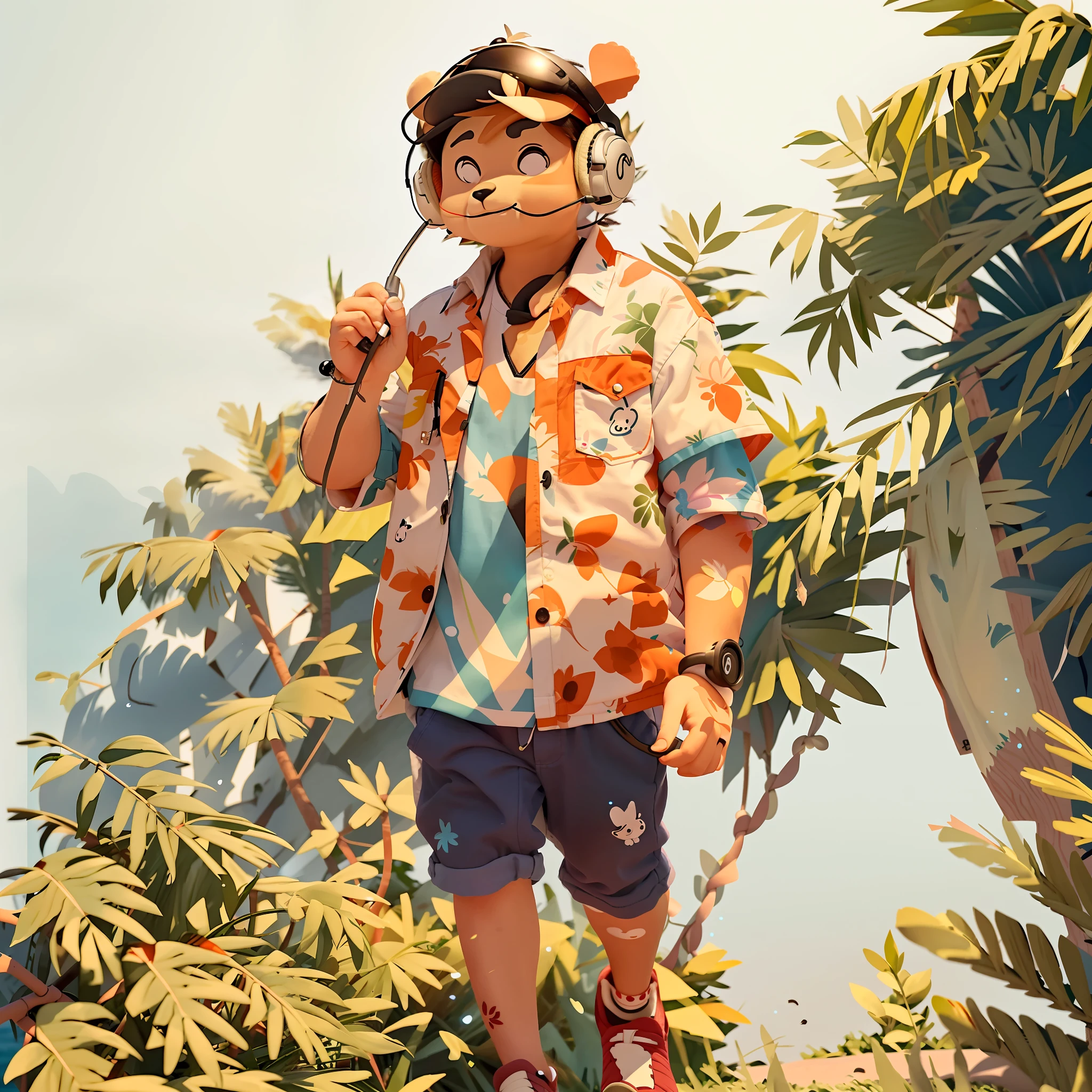 A cute well-detailed panda, wearing a comfortable flowered shirt and headphones, walking along the beach of the paradisiacal tropical island, enjoying a stunning sunset as he strolls along the wooden boardwalk next to the gentle waves. Flakes of fluffy white clouds float lazily across the clear sky above the coastal landscape as a flock of seagulls murmurs in unison in the background.